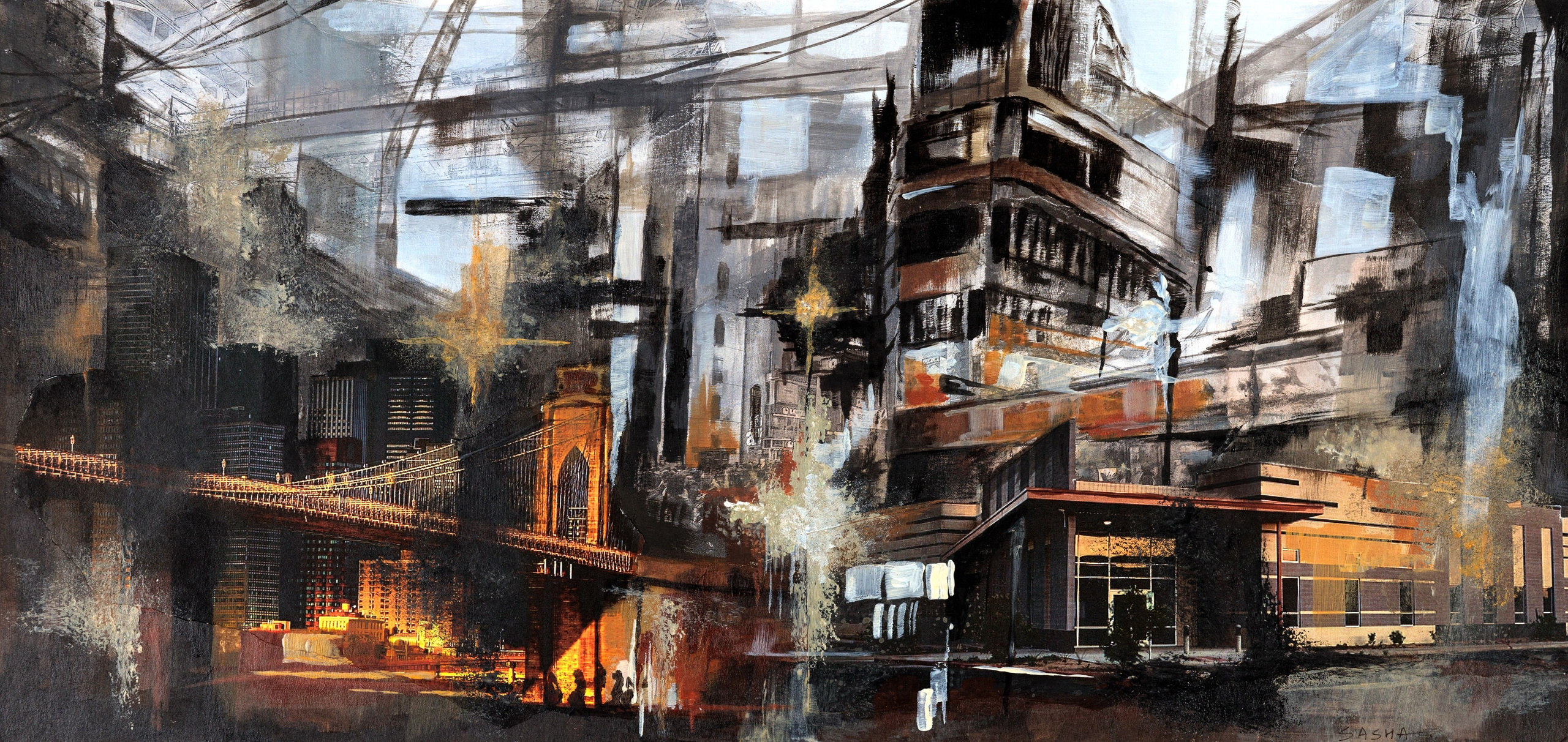 Абстрактный городской пейзаж с мостом и зданиями в темных тонах