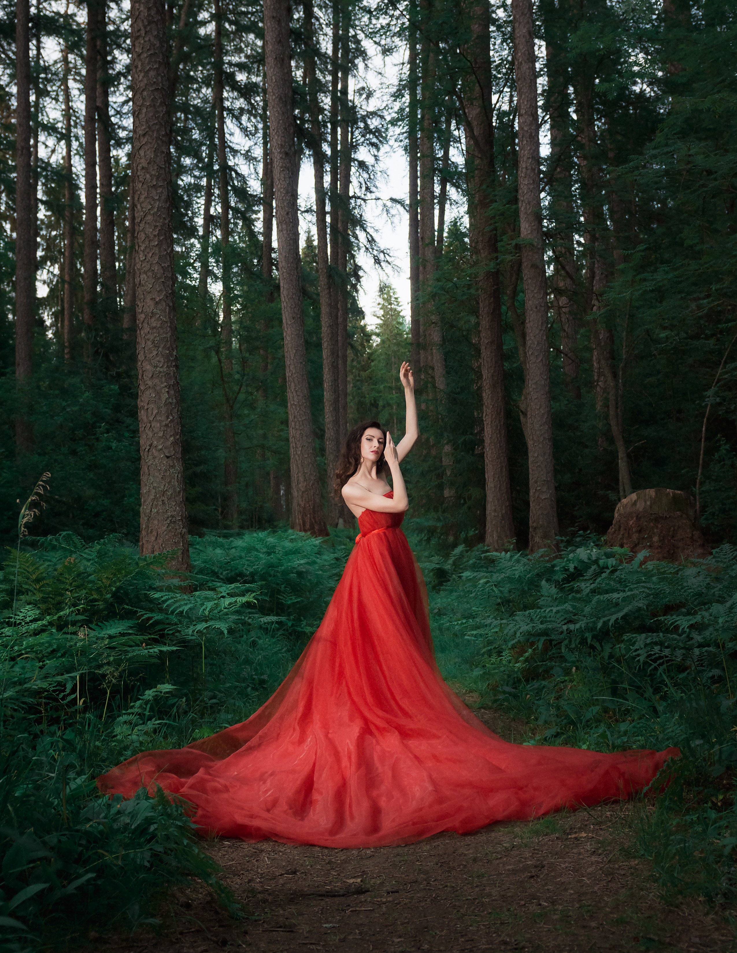 Девушка в красном платье в лесу