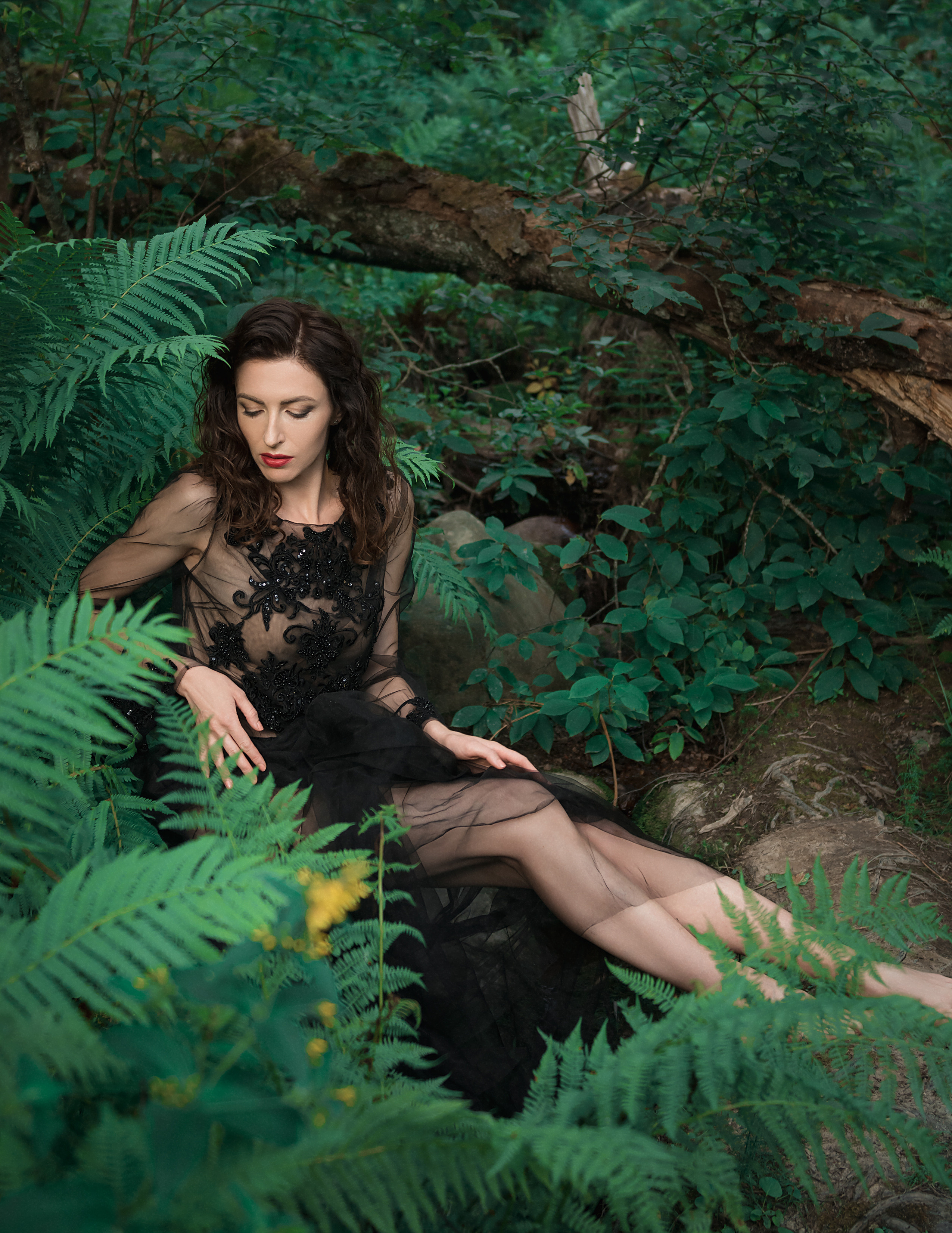 Девушка в чёрном платье сидит в кассу в папоротнике