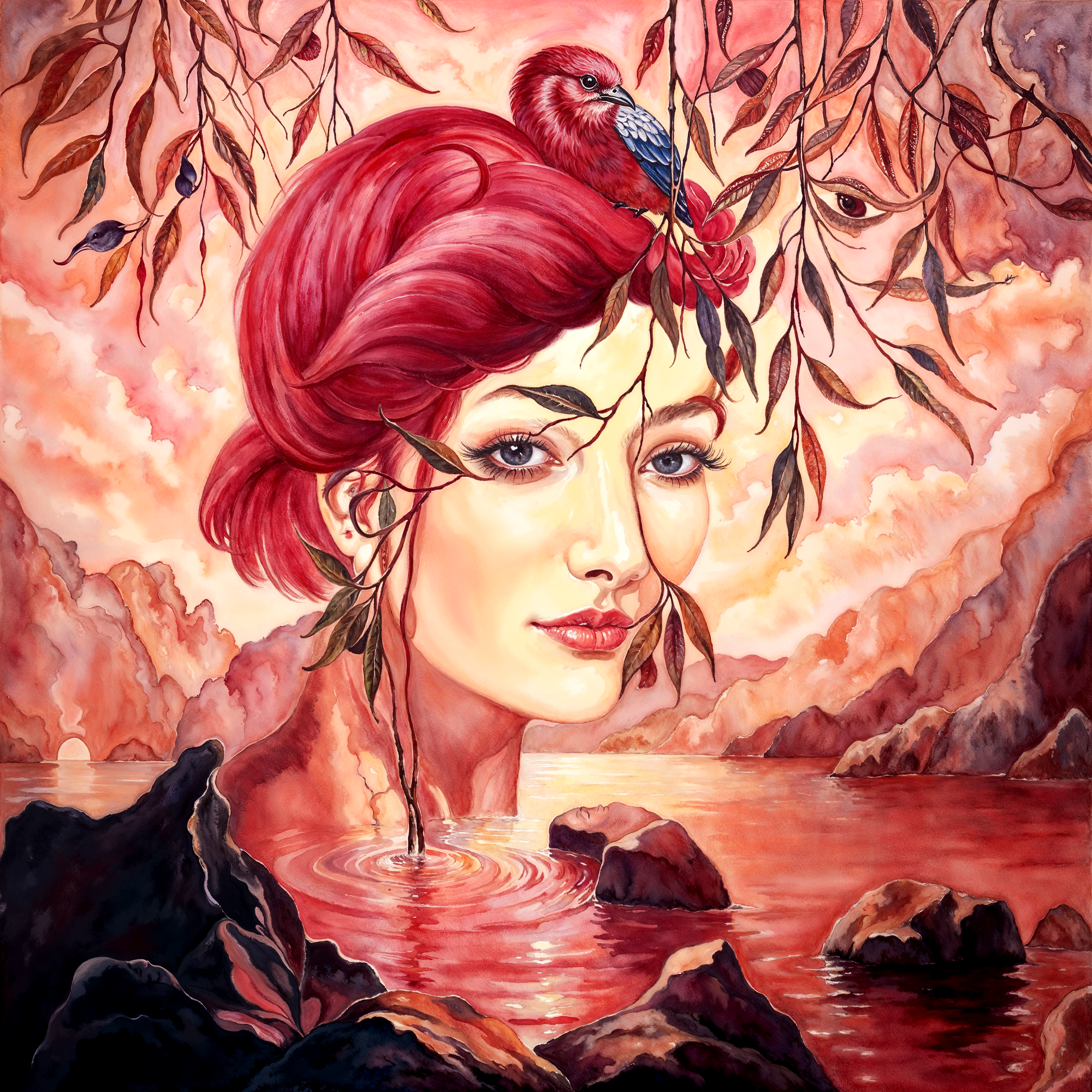 Портрет женщины с Розовыми волосами и птицей на голове, в фоне скрыто лицо мужчины