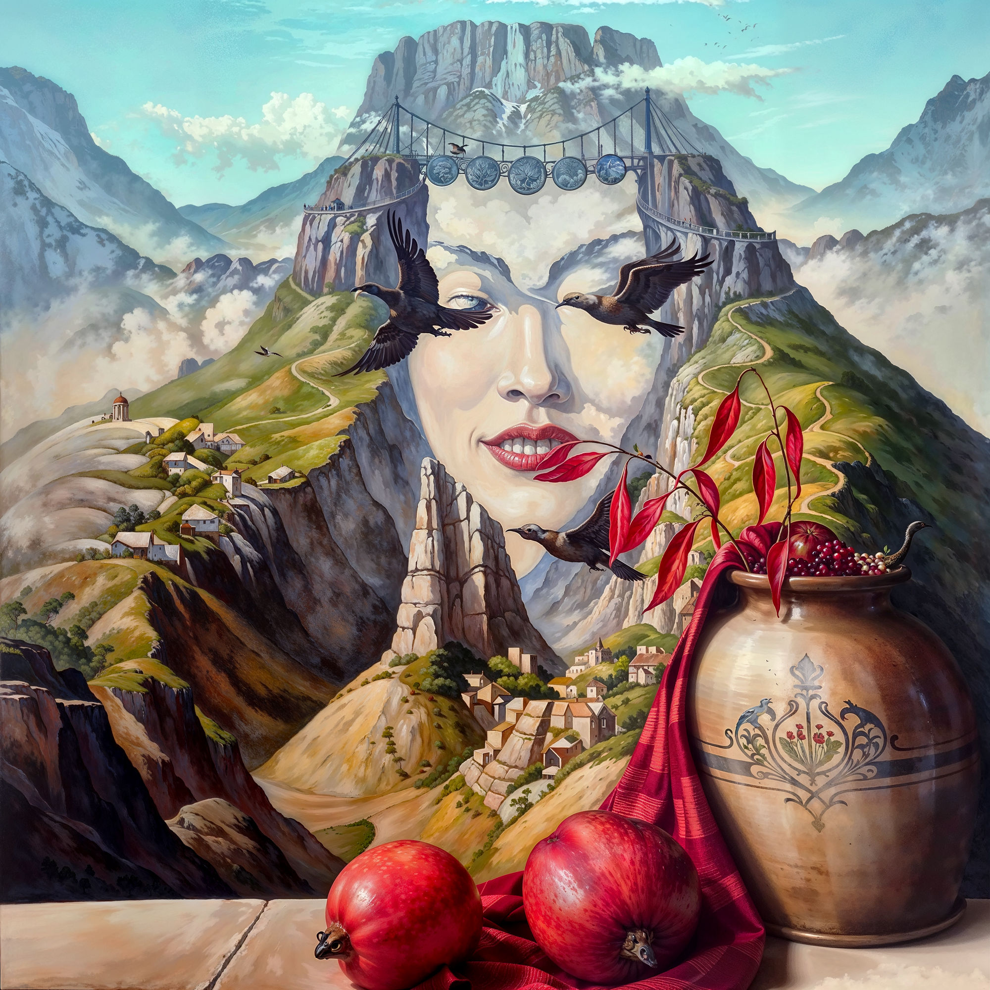 Женское лицо, скрытое в горном пейзаже, с кувшином и гранатами на переднем плане – по мотивам Артуша Восканяна