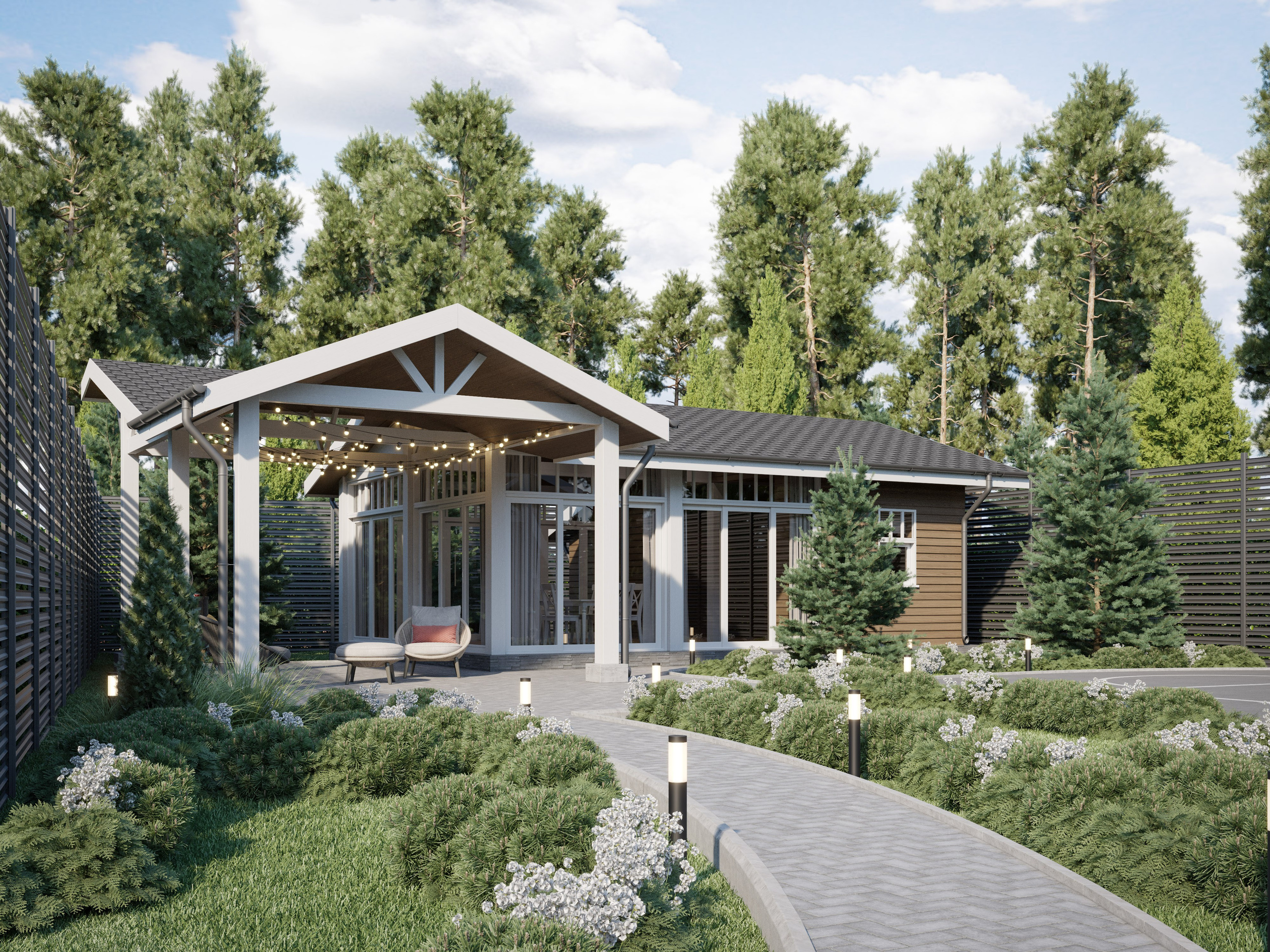 Панорамный вид экстерьера с летней кухней под крышей и просторной беседкой для отдыха