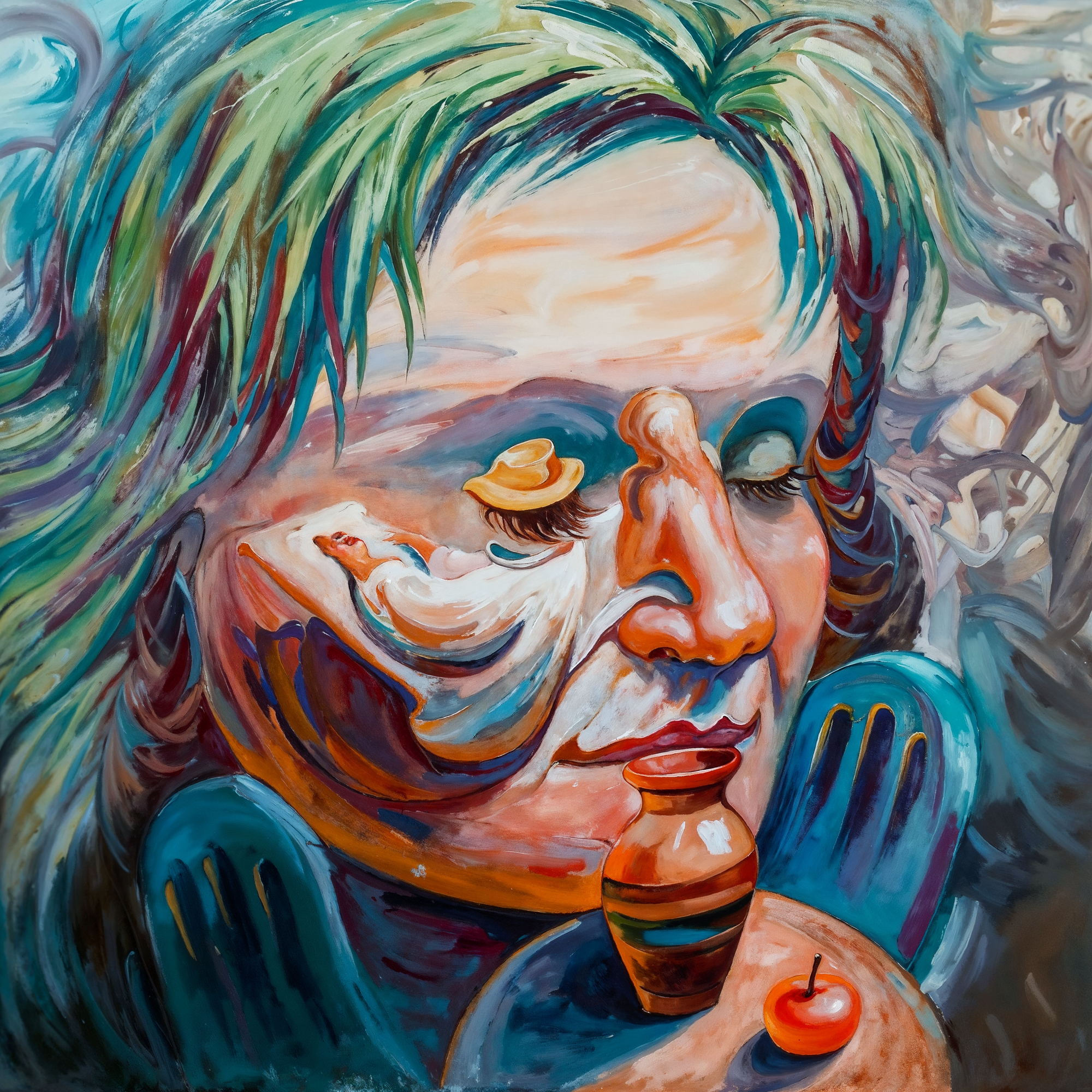 Портрет женщины, составленный из элементов натюрморта и абстрактных форм, создающих иллюзию лица — цифровая адаптация по мотивам работ Олега Шупляка.