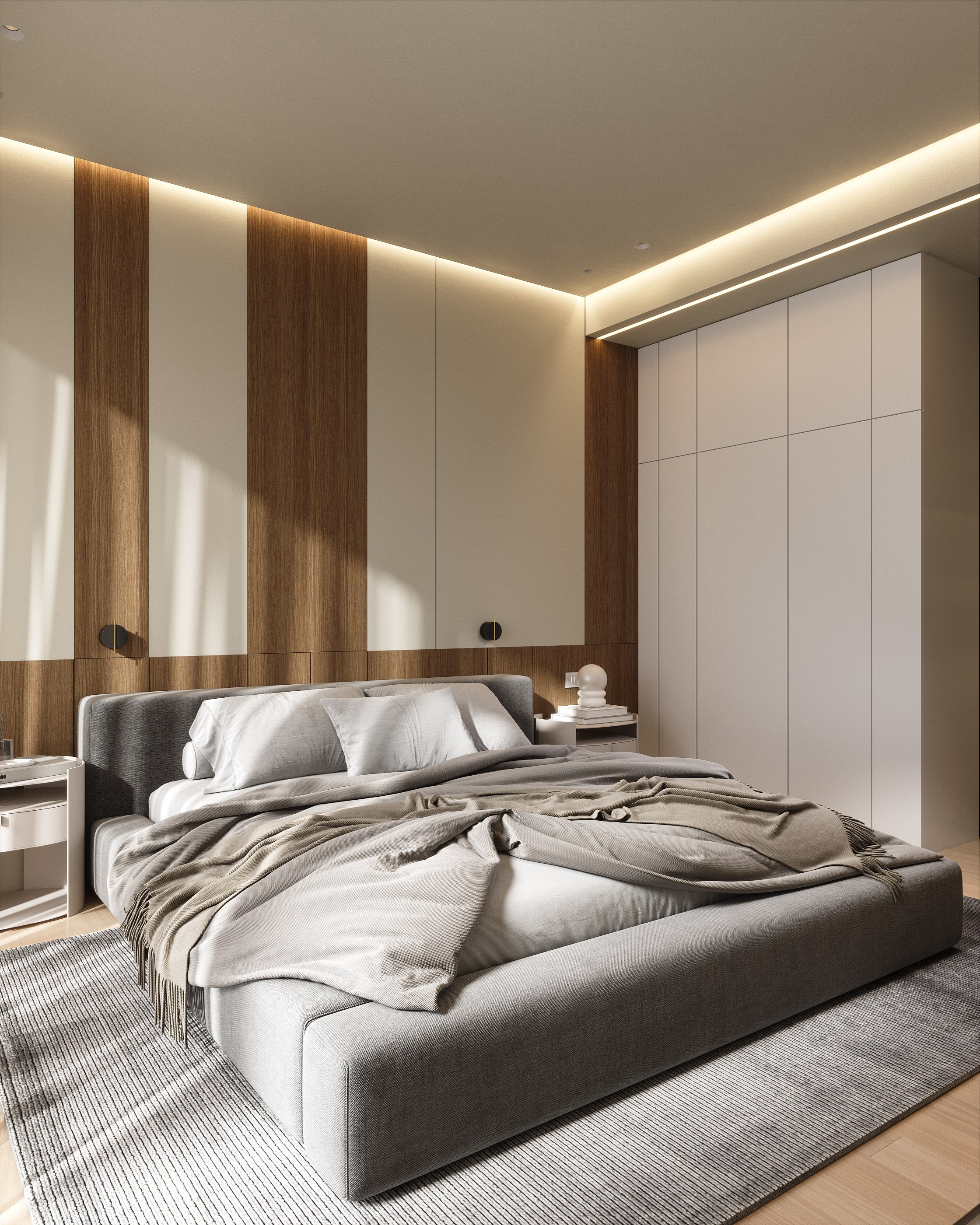 3D визуализация спальни, демонстрирующая вид на кровать с серым текстилем, прикроватные тумбочки и ковер, усиливающая ощущение комфорта и продуманности дизайна.