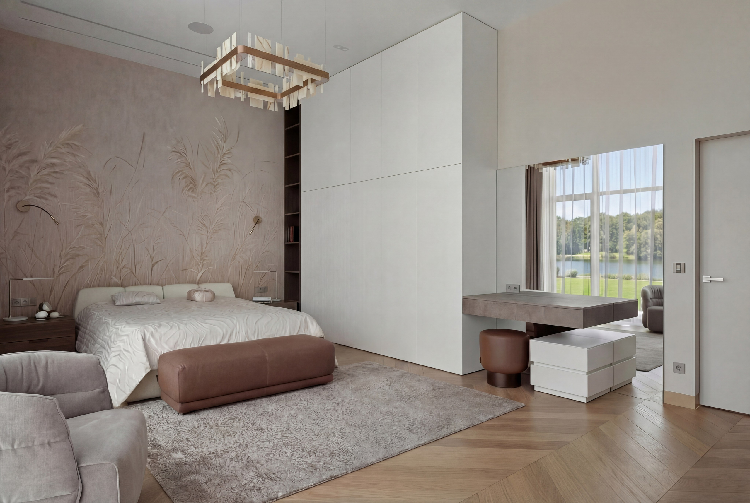 Интерьер мастер-спальни от Валерии Котович: акцентная стена с барельефом колосков, белые шкафы до потолка, зеркальная стена с отражением панорамного окна и кровать в пудровых тонах в доме у воды.