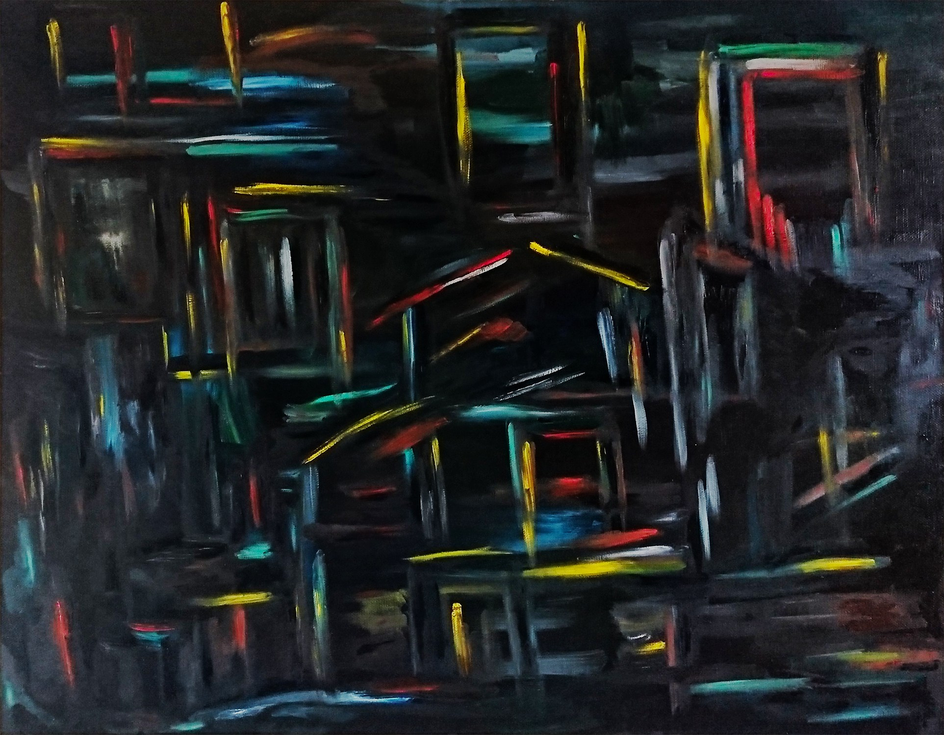 Картина с элементами абстракции и сюрреализма. На черном фоне всполохи красного, желтого и зеленого. Обветшавшие строения.