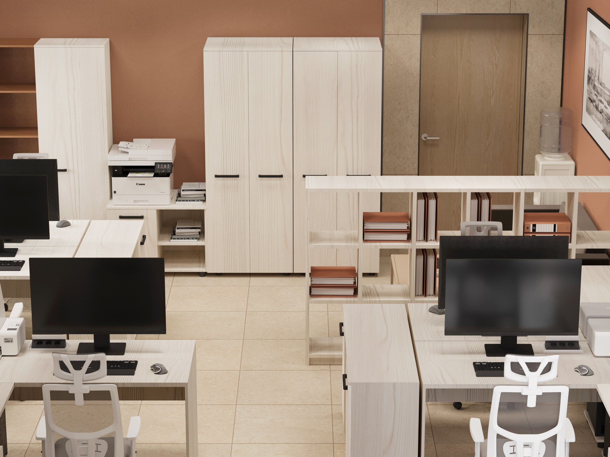 Рабочая зона большого офиса с белыми шкафами, техникой для печати и стеллажами с документами