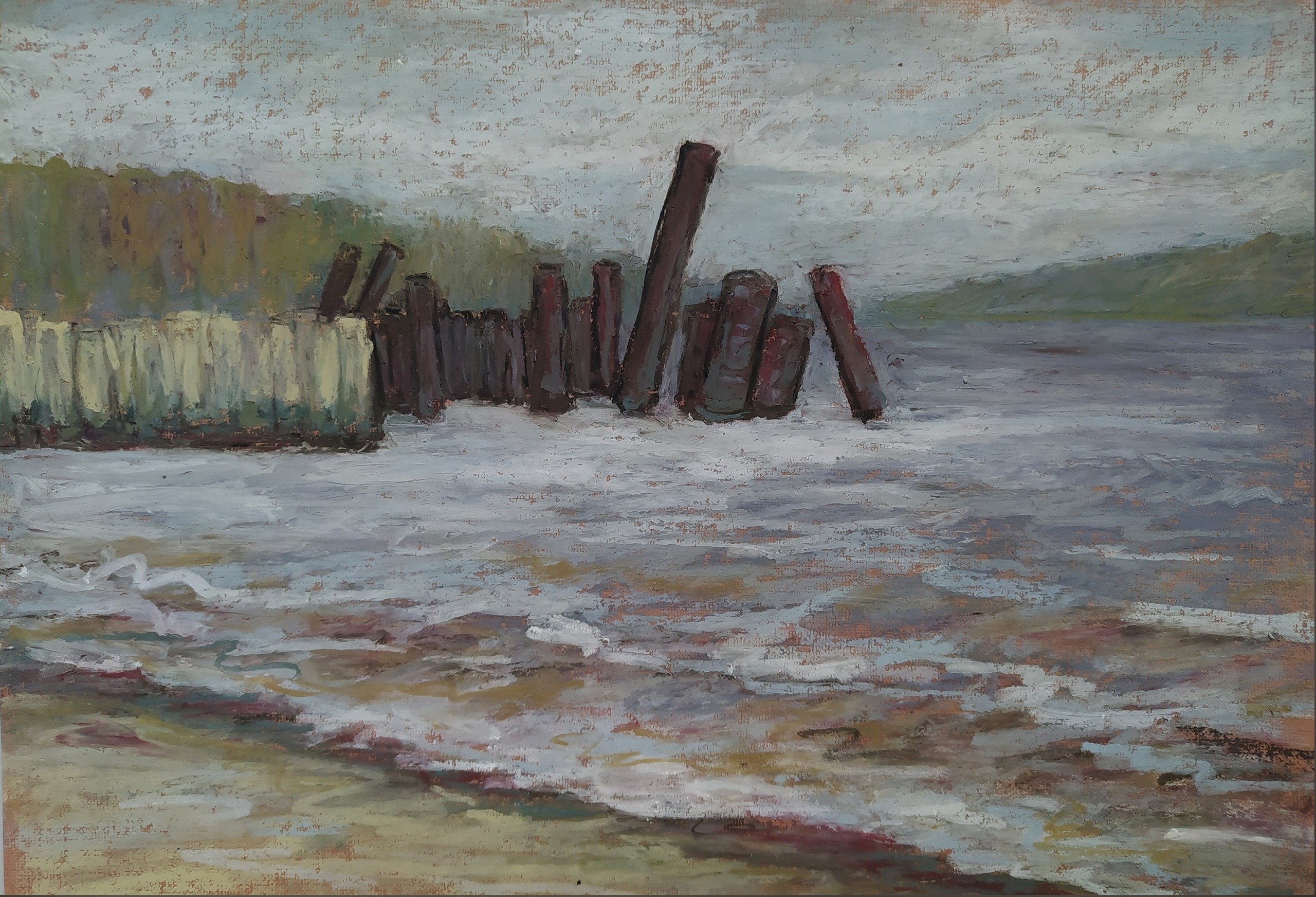 Пейзаж масляной пастелью, рисунок - Берег реки с старыми постройками и шумная вода