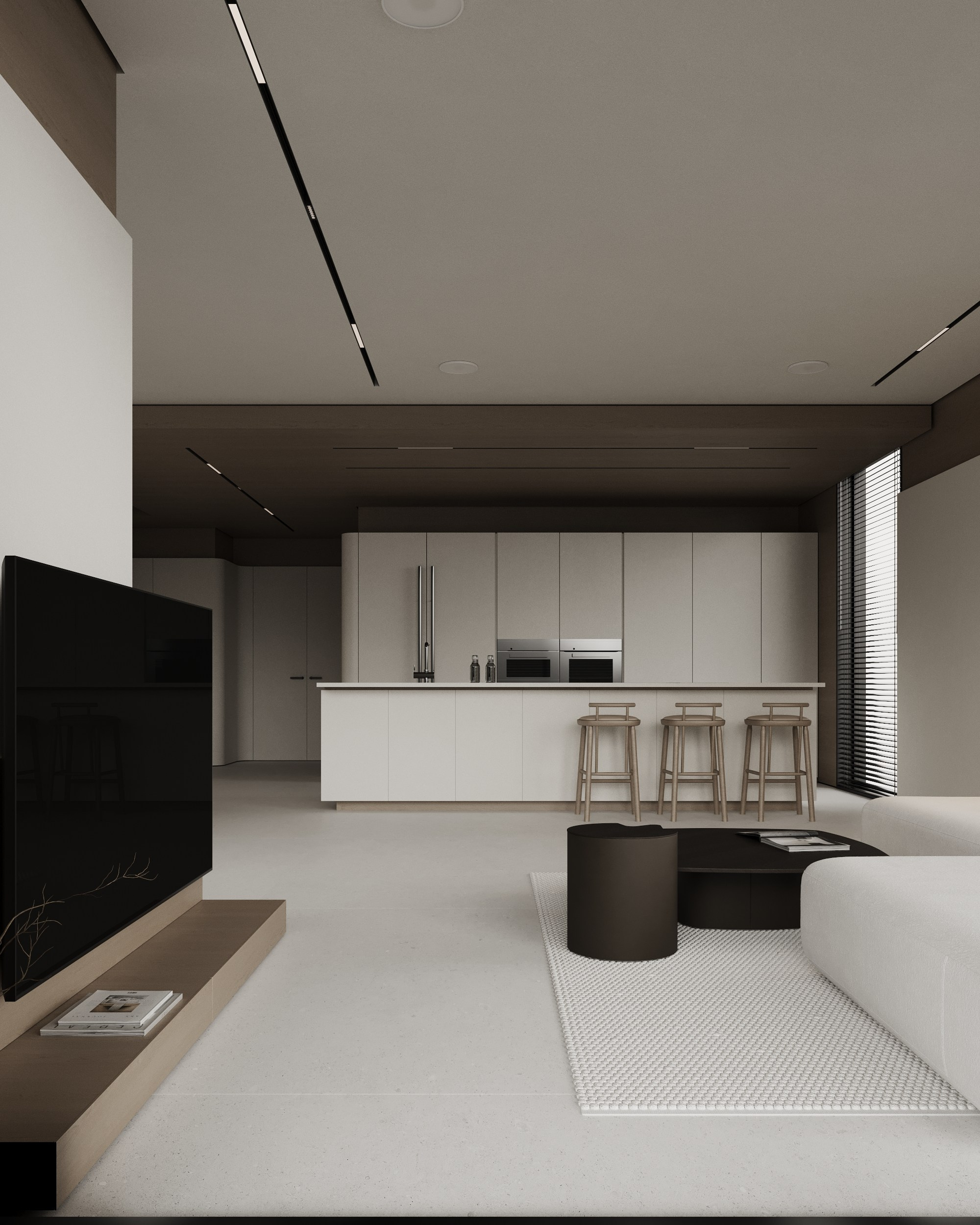 Living room and kitchen. Denis Konarev | Architectural Visualization Studio
