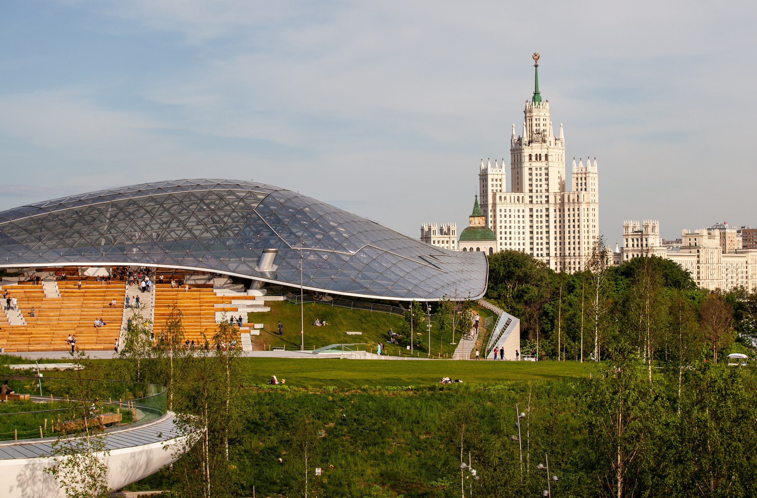 Zaryadye Park, with one of the seven Stalinist Skyscrapers in the background, Moscow, Russia