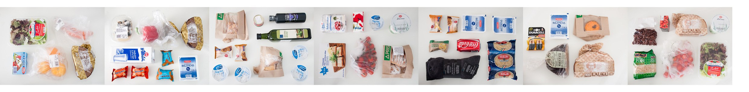 One of four sheets with nearly all items purchased by artist at Prizma supermarket during the course of the residence for the total of 172.84 EUR. Only 11.64 EUR saved through buying items on promotional actions.