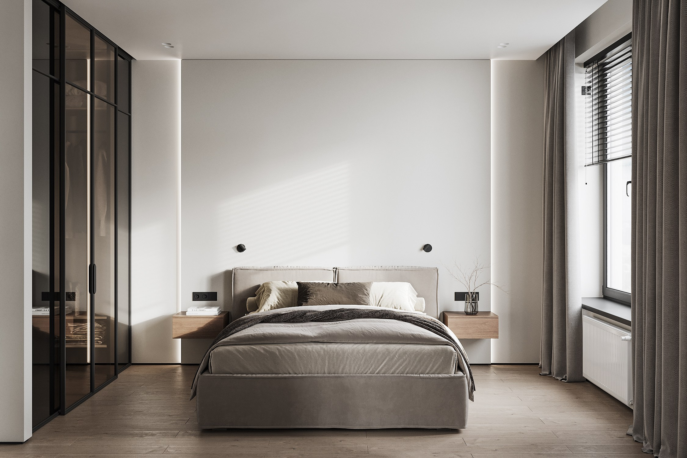 Визуализация мастер-спальни с кабинетом и гардеробом в минималистичном стиле. 3D визуализация интерьера. Визуализатор Виктория Озерова