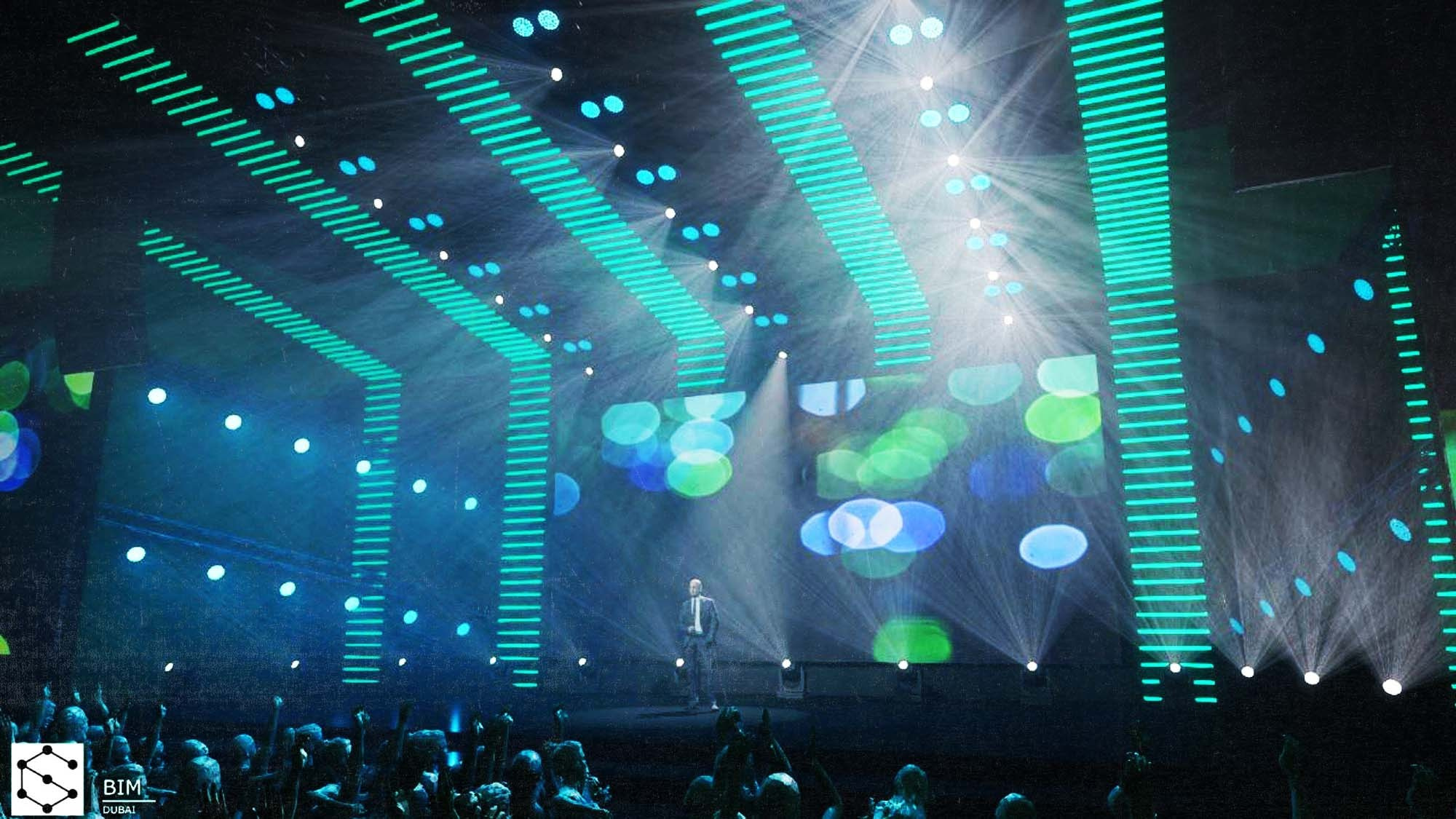 3D visualization of the event in Capture. The model integrates all the equipment to be used at the event, including lighting devices, screens, stages, and decorations. We provide the client with ready-made renders and layouts in the required format.