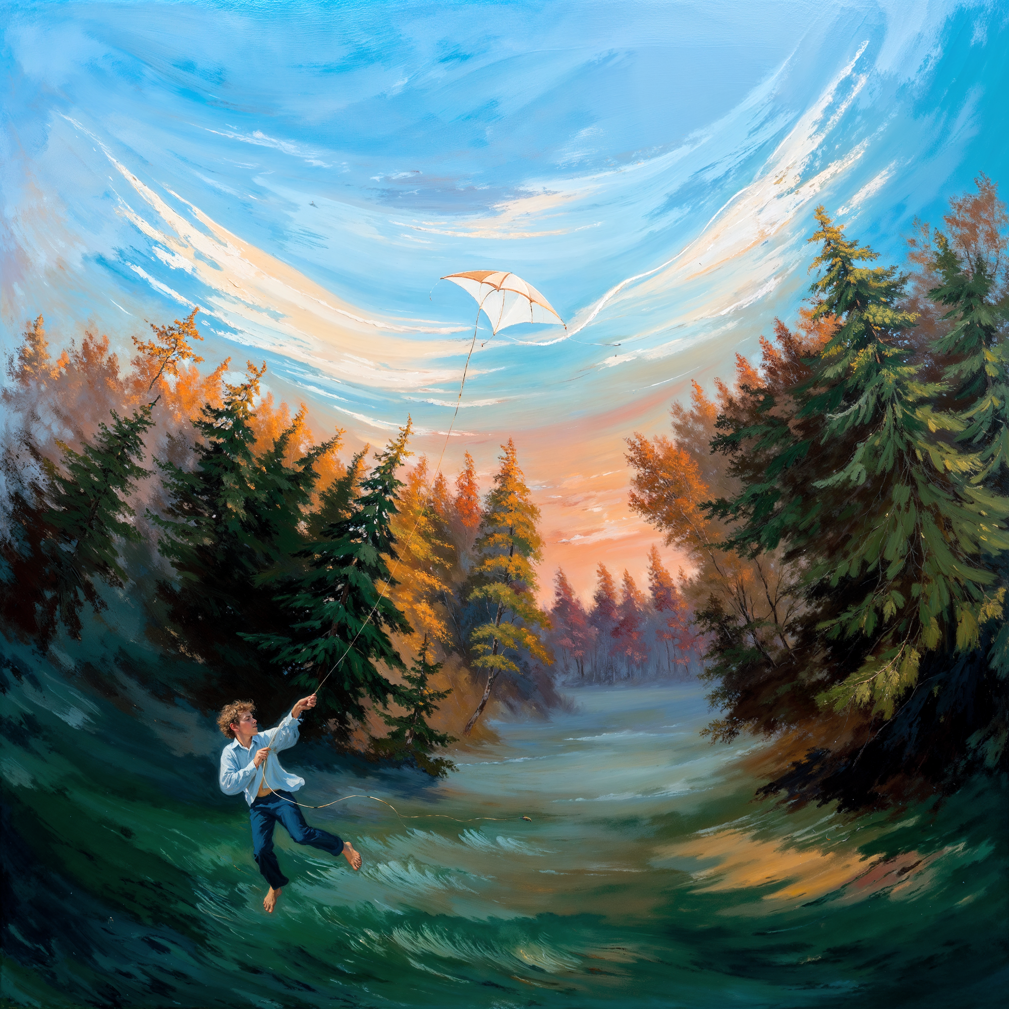 Мальчик с воздушным змеем, небо в виде ангела — оптическая иллюзия и ремастеринг по мотивам картин Олега Шупляка.
