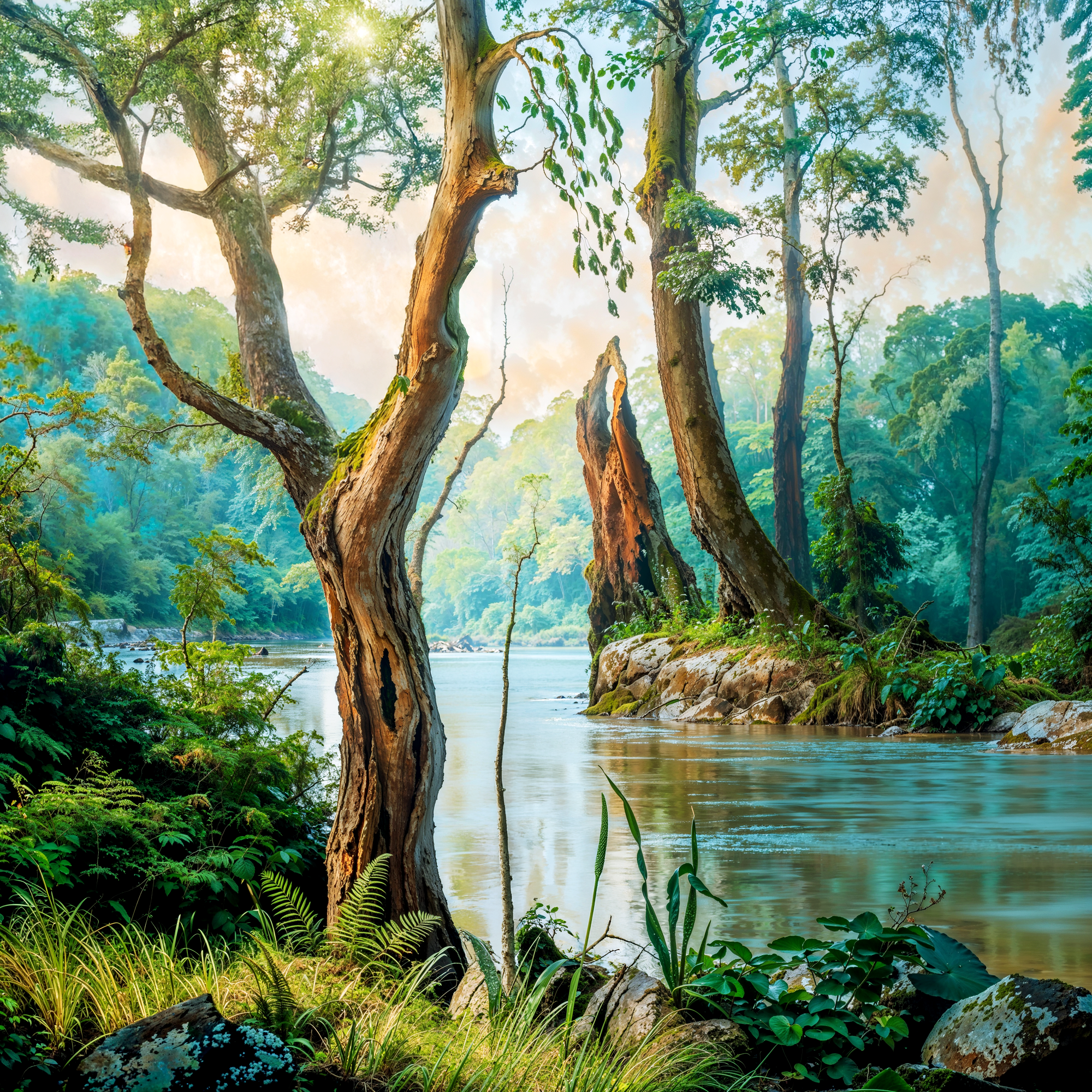 Лесная сцена с девушкой, сливающейся с деревом у воды, образующим лицо — оптическая иллюзия в духе Олега Шупляка.