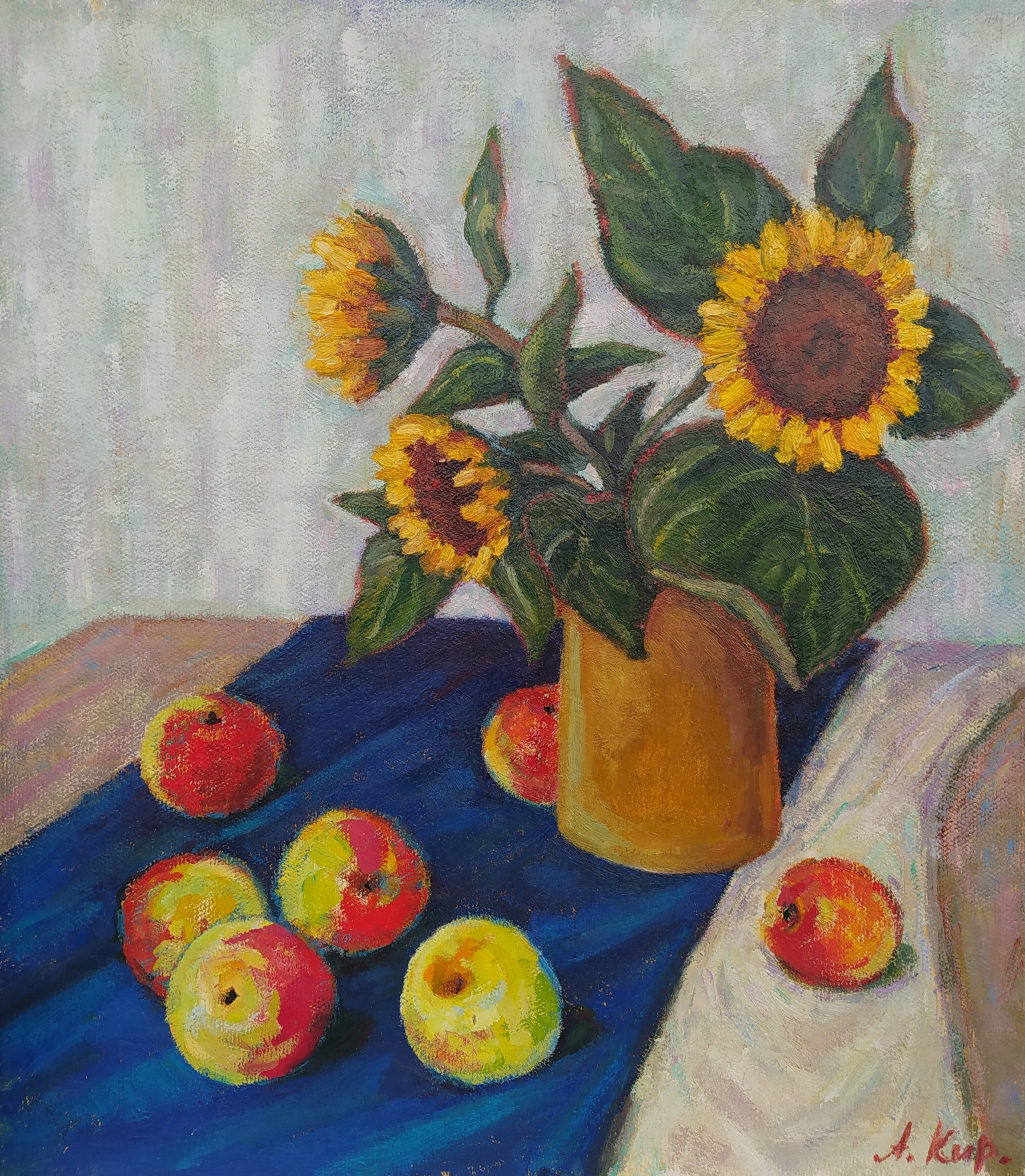 Картина в стиле импрессионизма с подсолнухами и яблоками на ткани