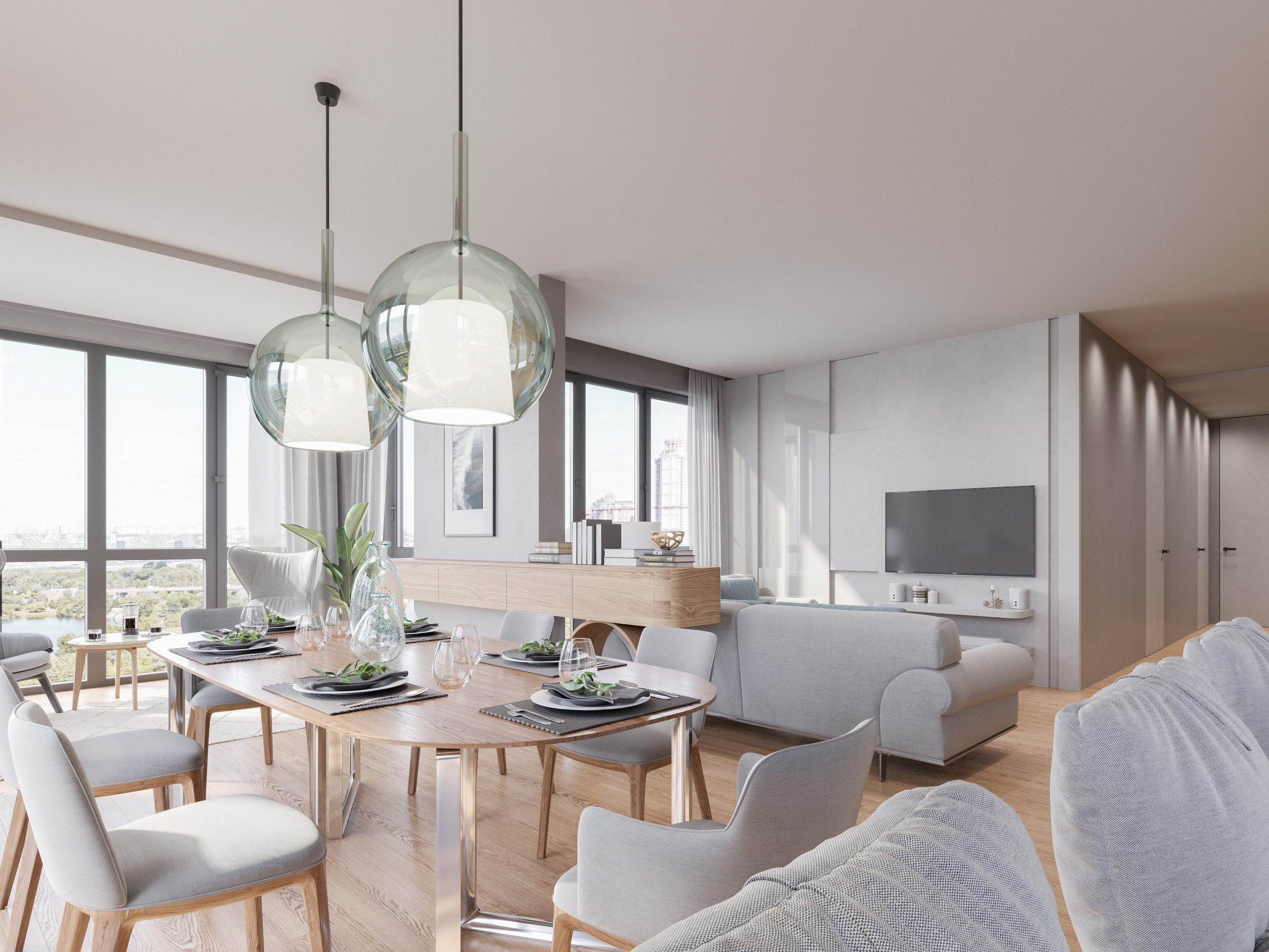 Интерьер светлой квартиры в белых тонах: вид из кухни на гостиную с панорамным остеклением