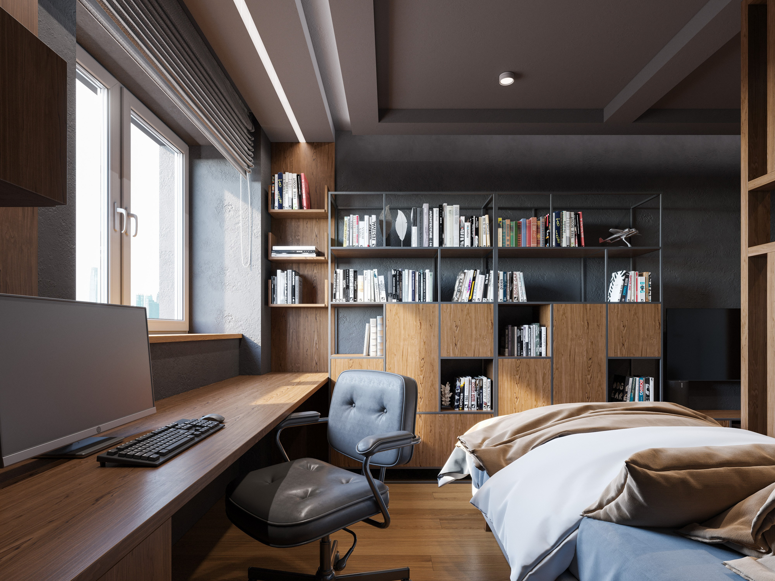 Проект комнаты 2-в-1: совмещение спальни и домашнего офиса для малогабаритной квартиры.