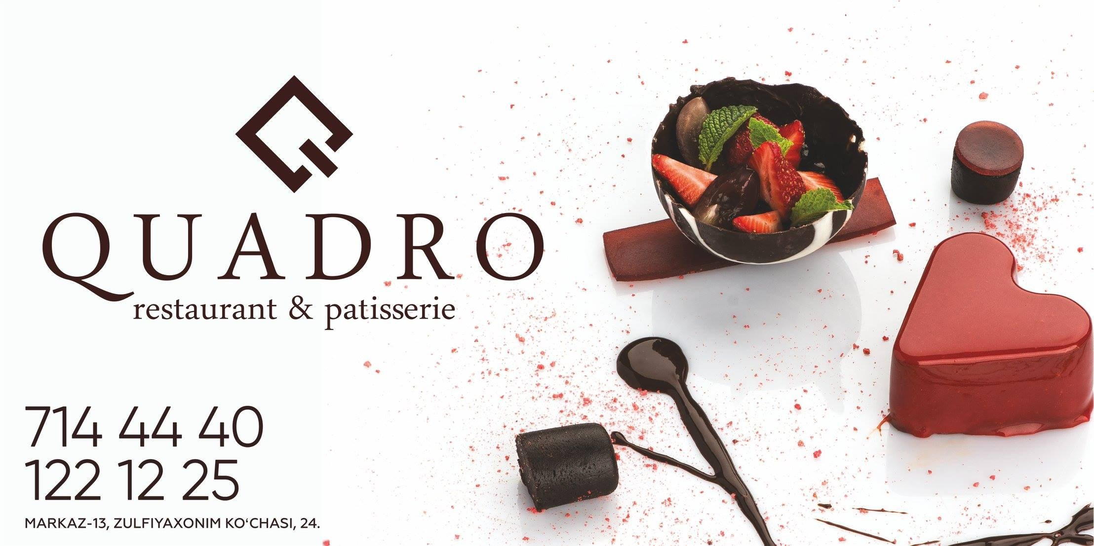 Рекламная съёмка десертов для ресторана Quadro, Ташкент. Шоколад, клубника, форма сердца, яркий акцент на цвет и текстуру.