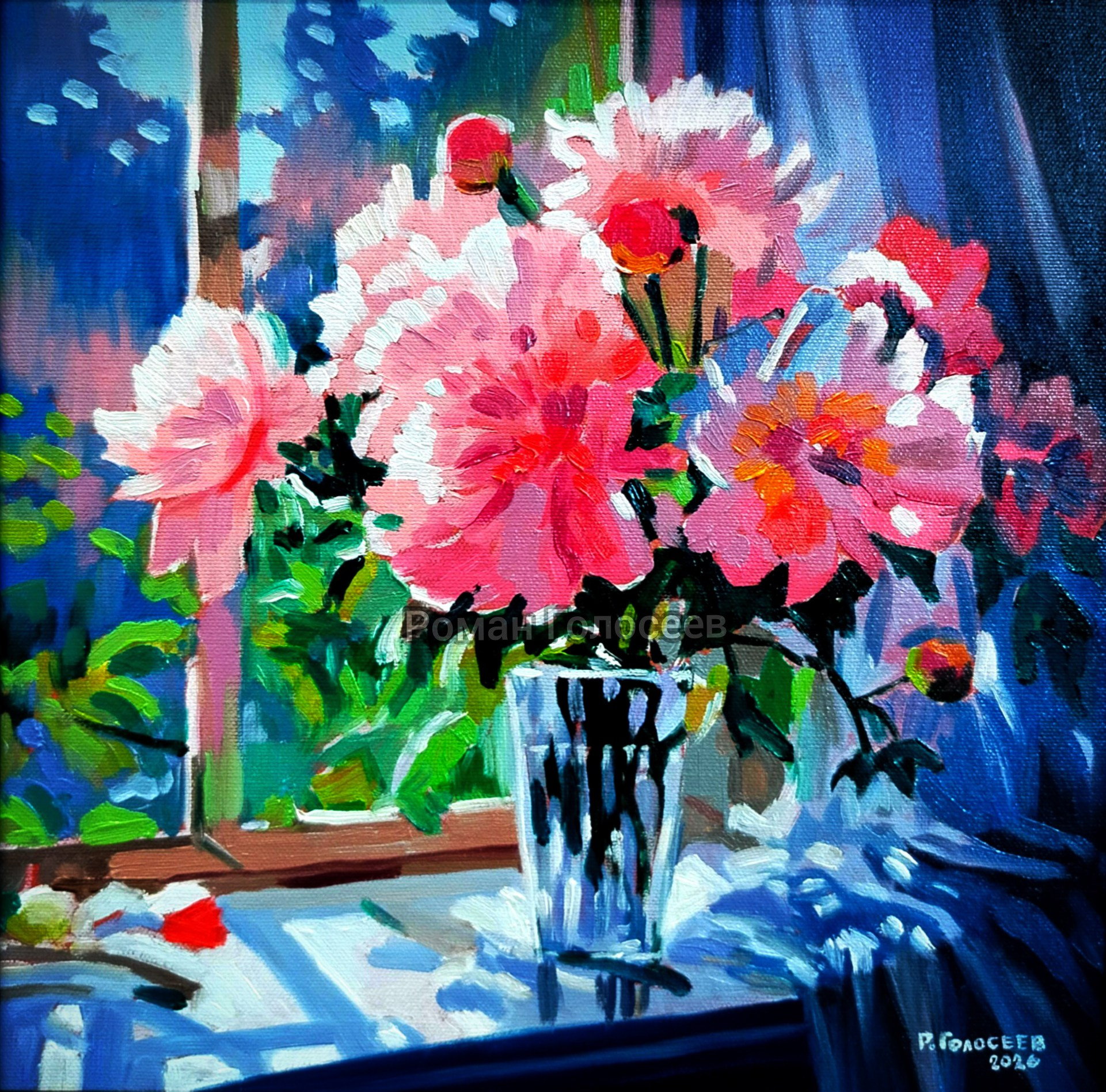 "Пионы у окна", 28х25, холст, масло, 25.02.2026, цена 4500 ₽