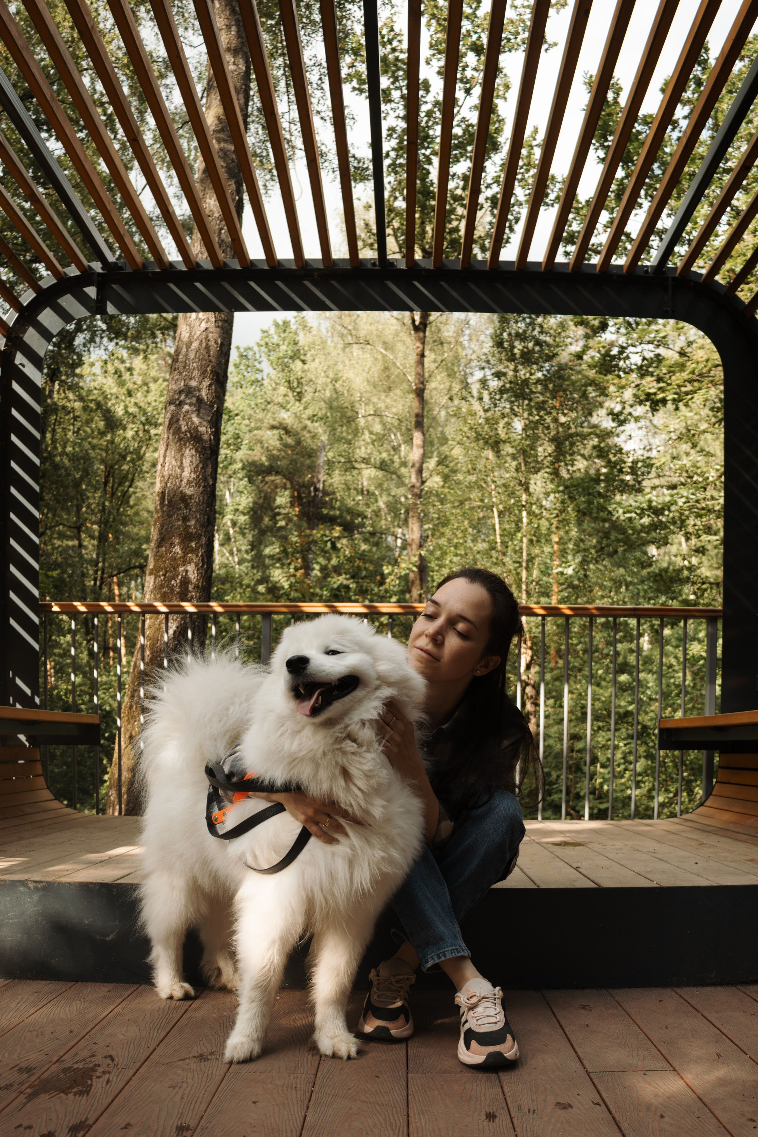 Фотосессия девушки с 2 собаками самоедами в лесопарке. Фотограф-анималист в Москве Екатерина Тихонова