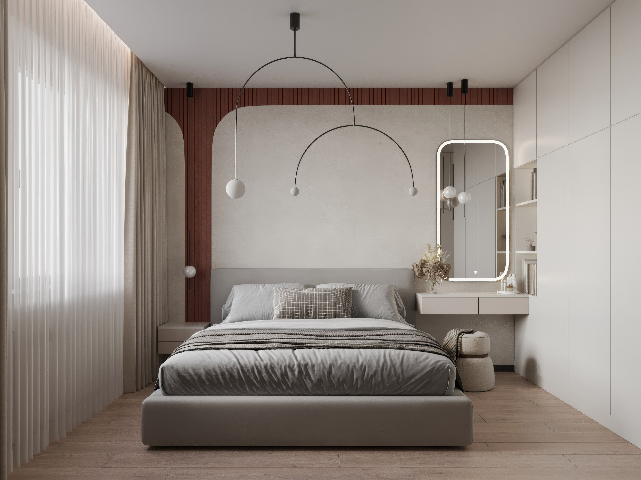 Современная спальня в светлых тонах с добавлением терракотового цвета 