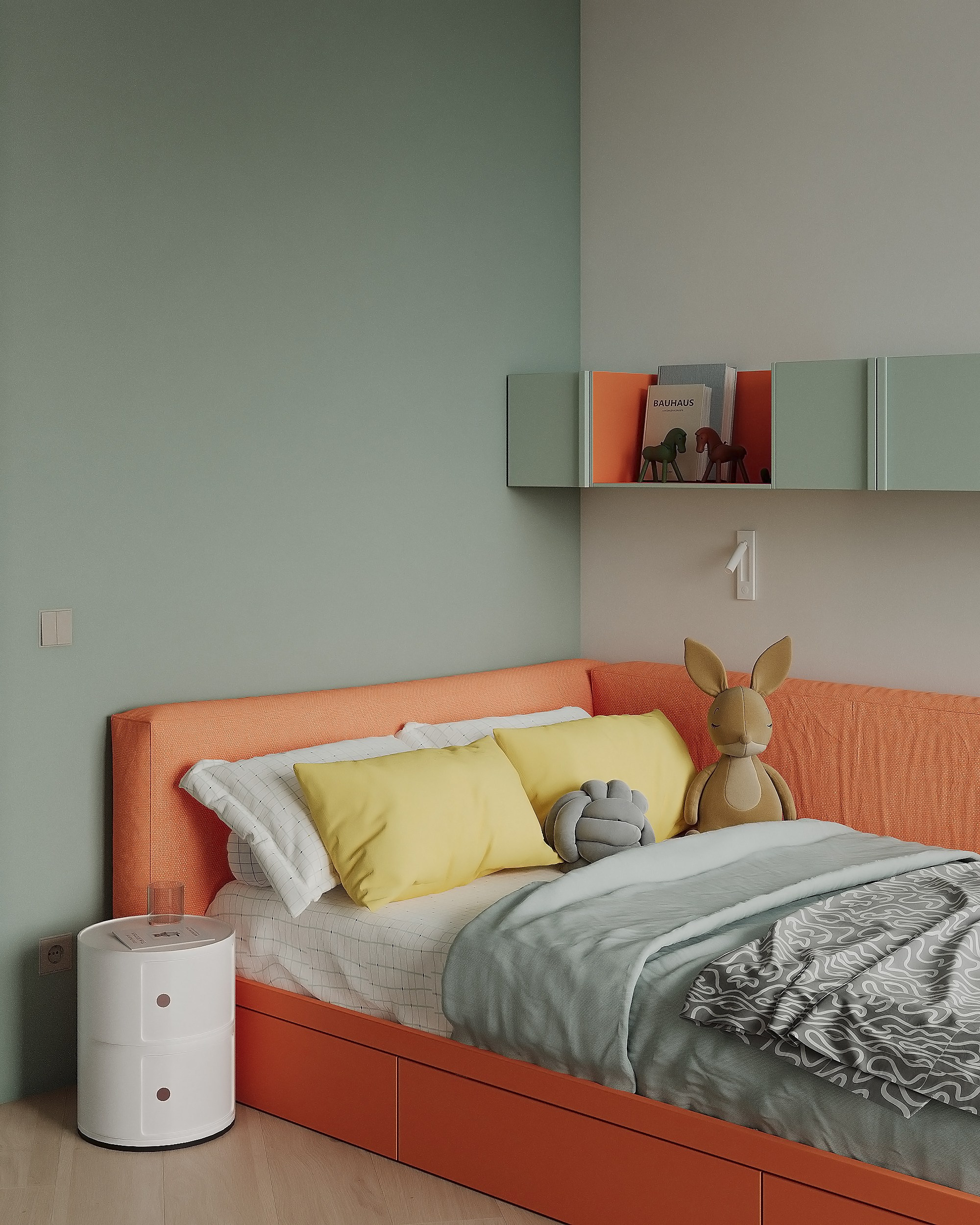 Детская. Яркая детская. Комната подростка. Минмализм. Светлый интерьтер. Яркий цвет. Минималистичная спальня. Дизайн интерьера. современный стиль, минимализм, функционализм, скандинавский стиль, interior design, minimalism