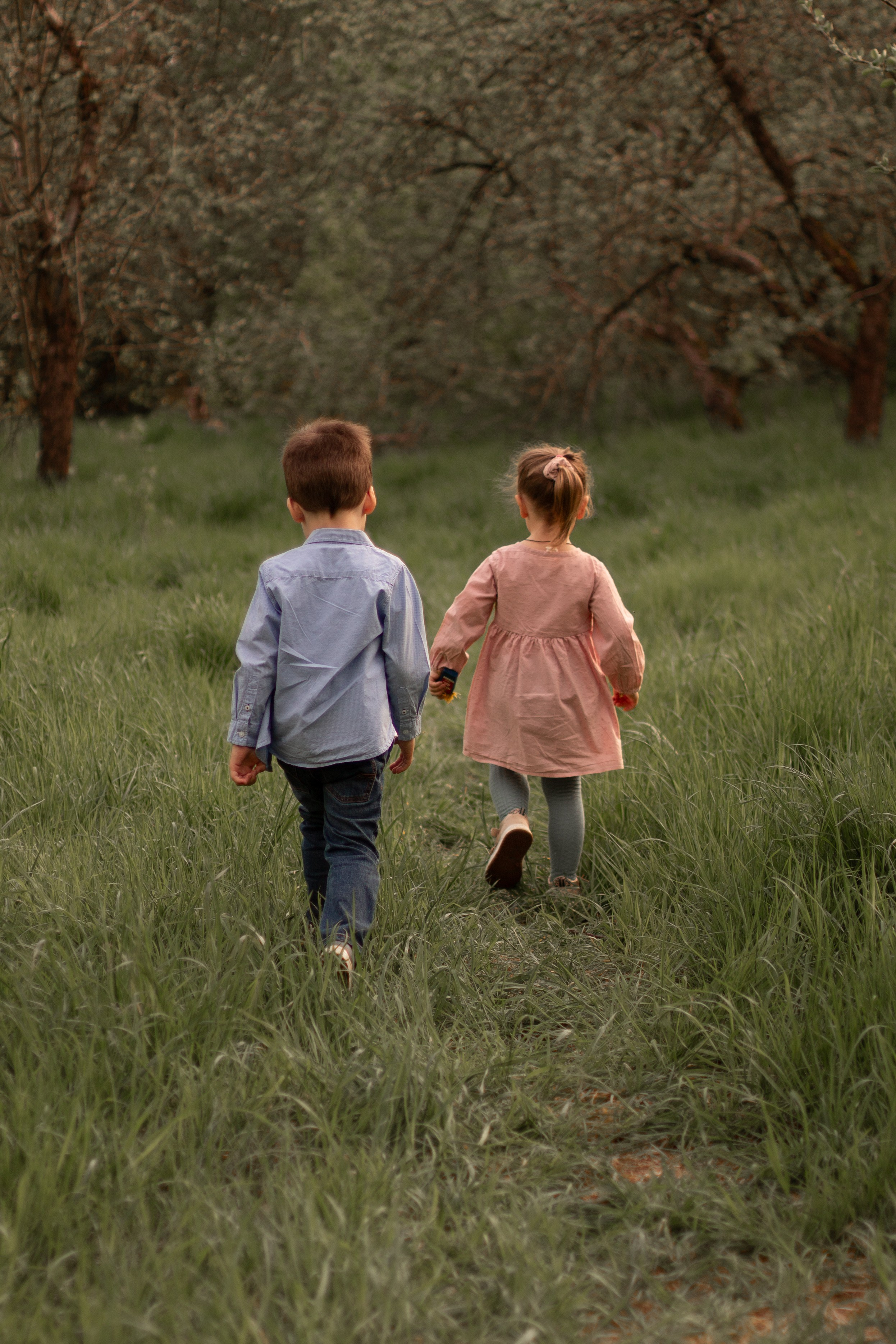 Фотография мальчика и девочки весной, мальчик и девочка идут в лесу 
