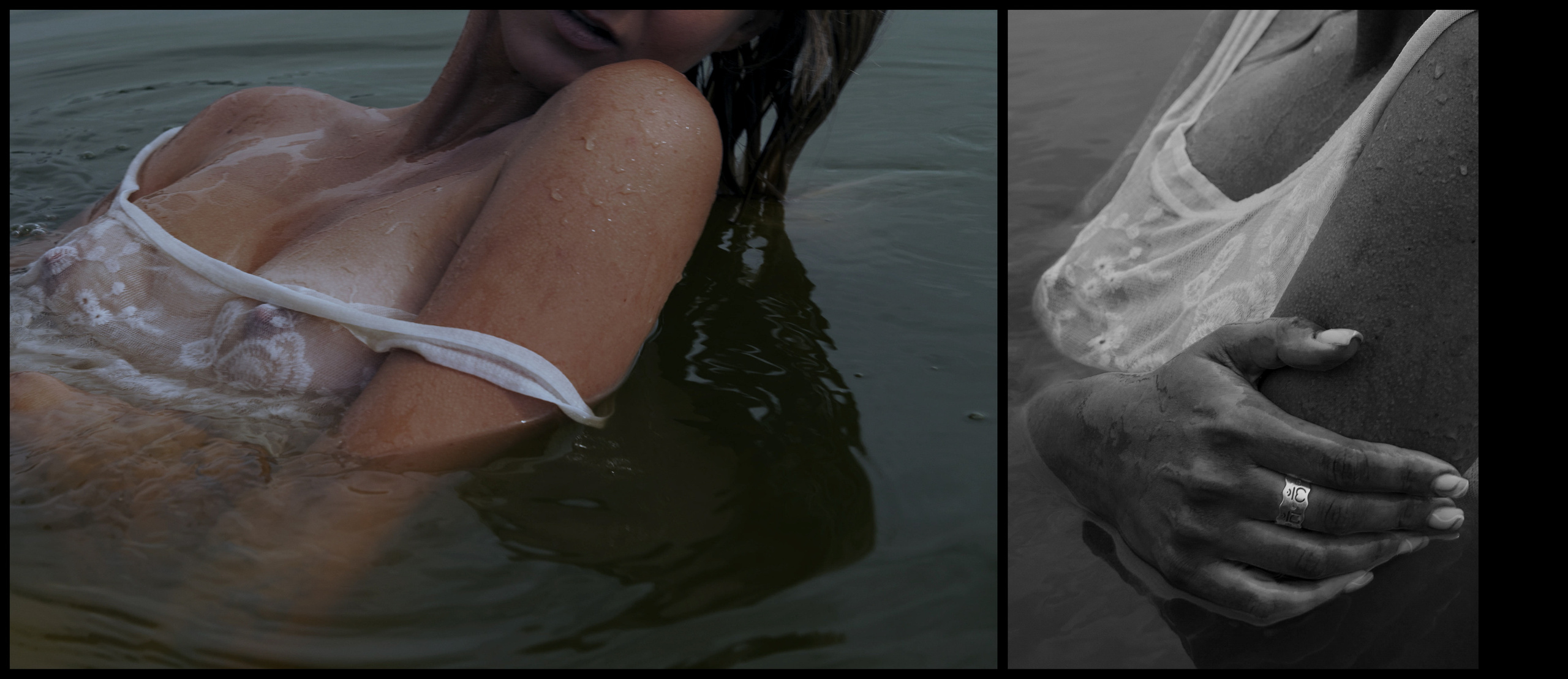 Грудь под белой мокрой майкой в воде.