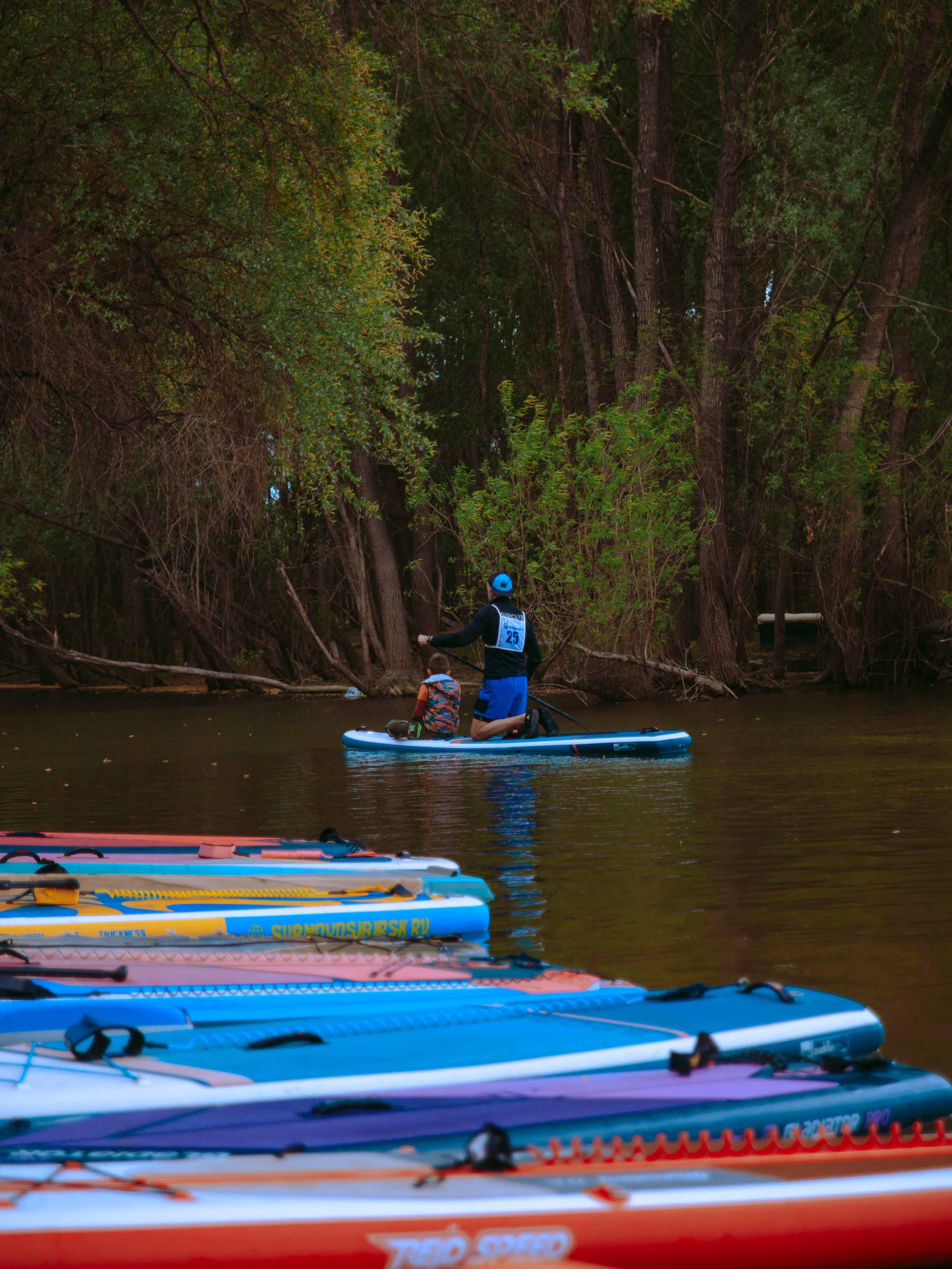 Мужчина на сапе на фоне леса.