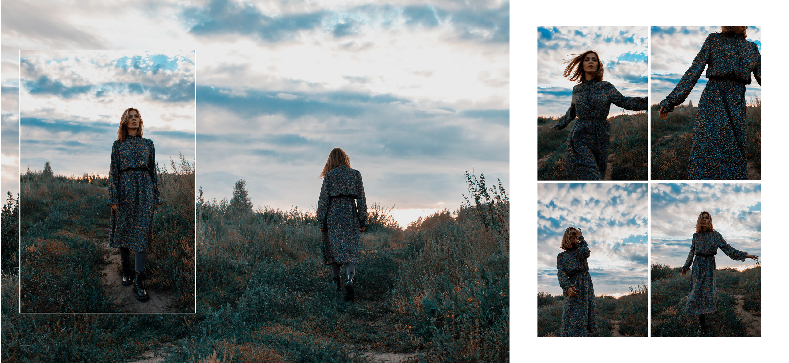 Девушка в романтичном платье в цветочек и развевающимися волосами бежит по траве, фото в движении.