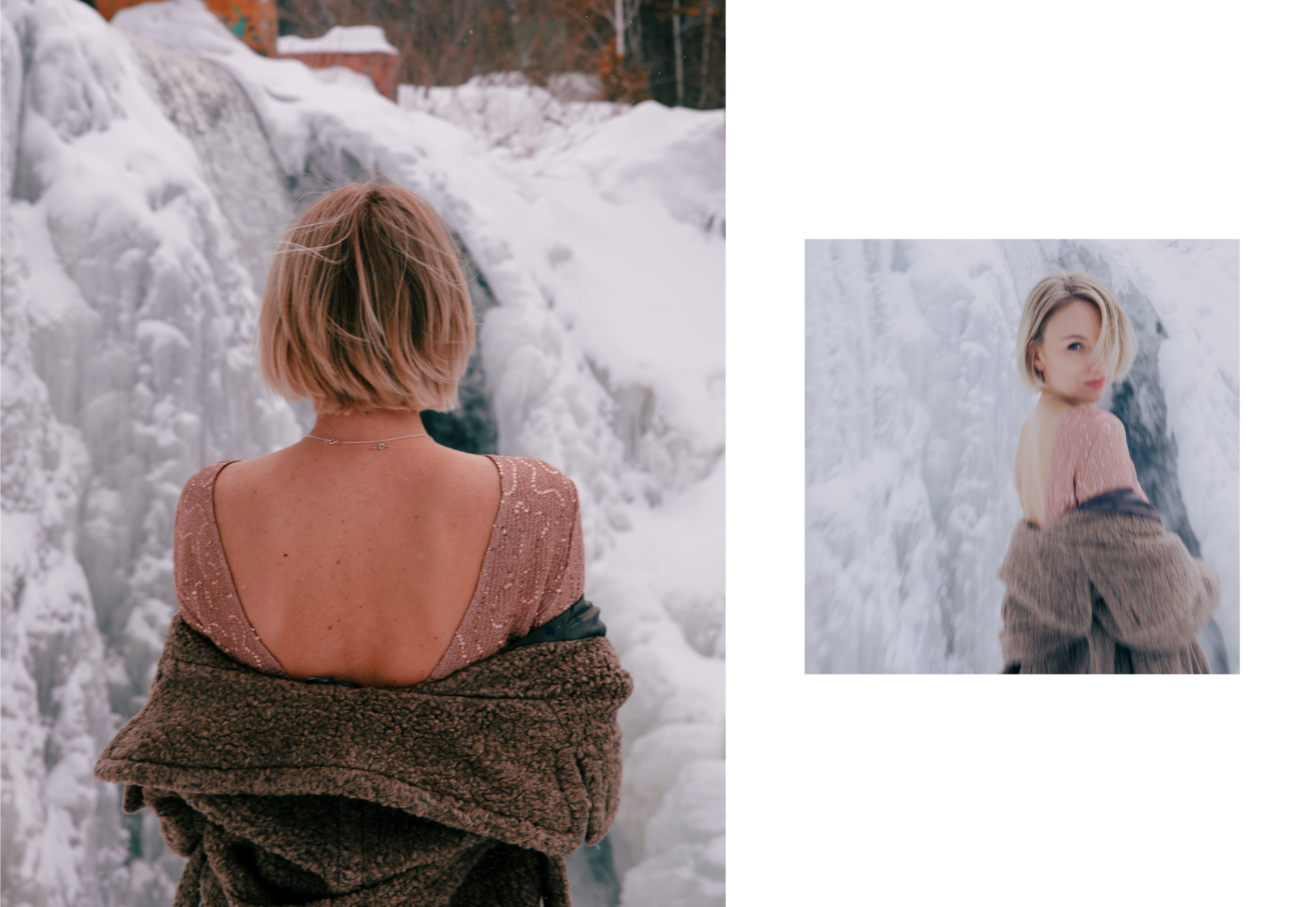Светловолосая девушка с каре и обнаженной спиной на фоне замерзшего Карпысакского водопада.
