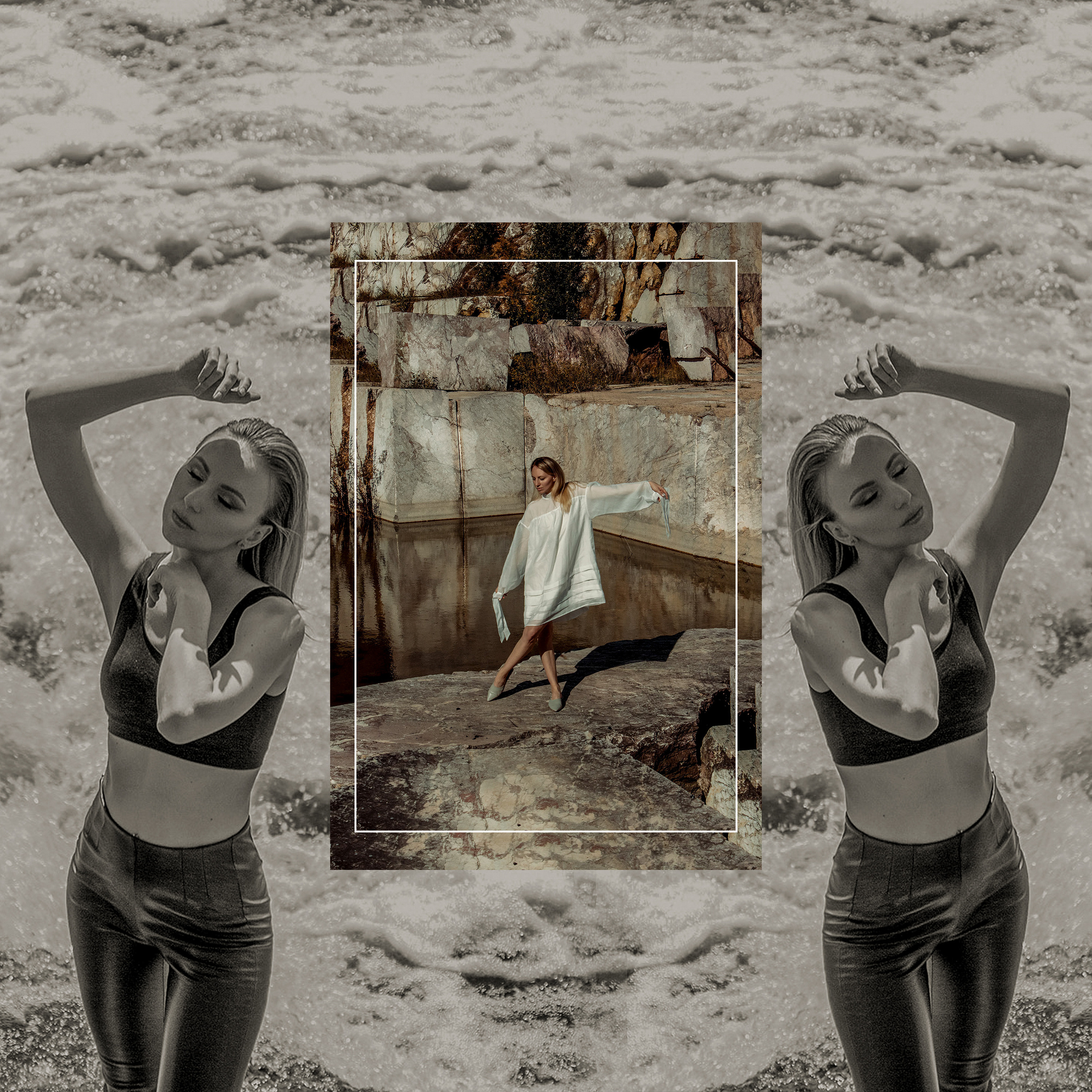 Светловолосая девушка стоит у воды, подняв руки и танцует в белом платье на фоне мраморных стен.