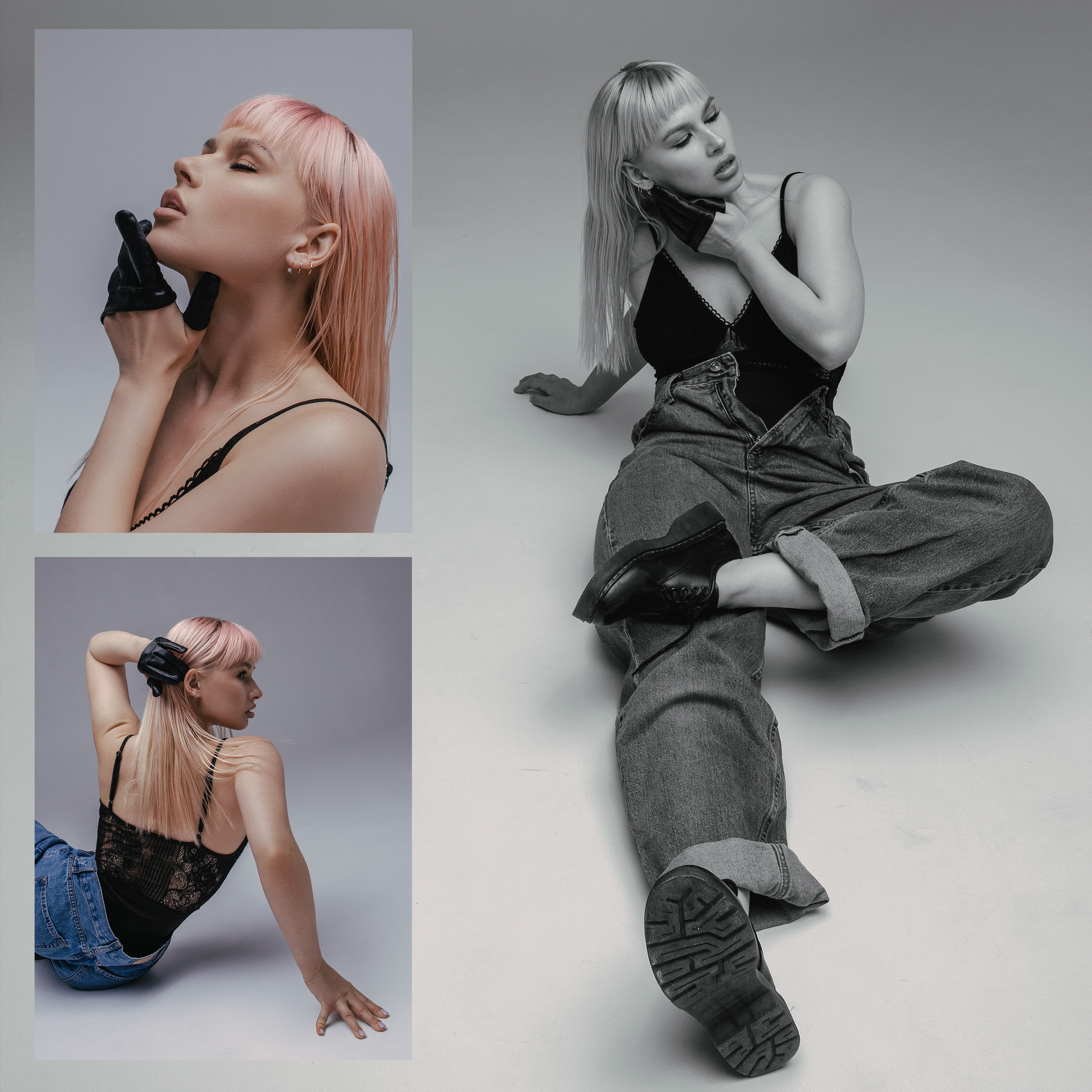 Необычные оригинальные черно-белые фото девушки блондинки в боди, джинсах и перчатке Gucci в циклораме.