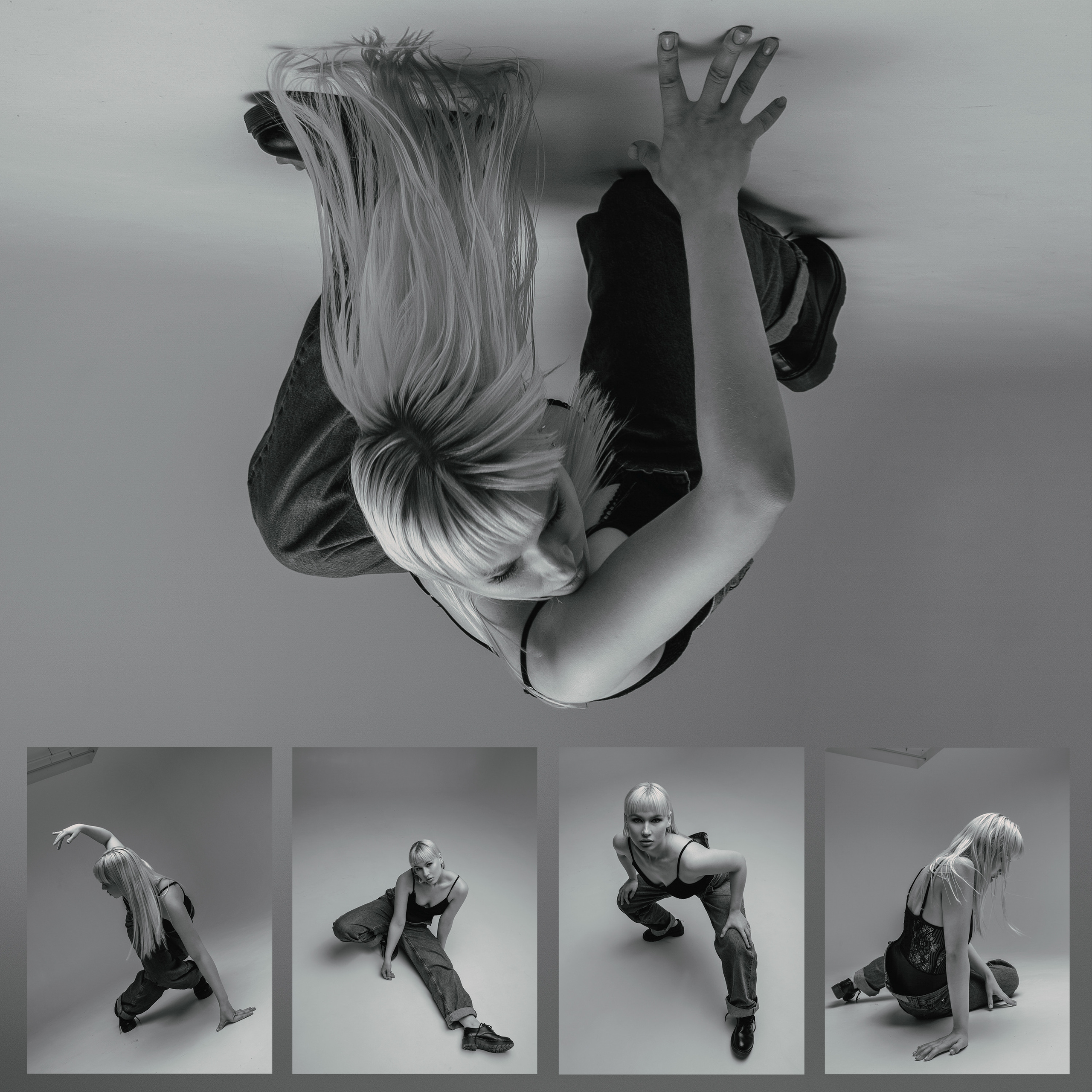 Необычные оригинальные черно-белые фото девушки блондинки в боди и джинсах в циклораме.