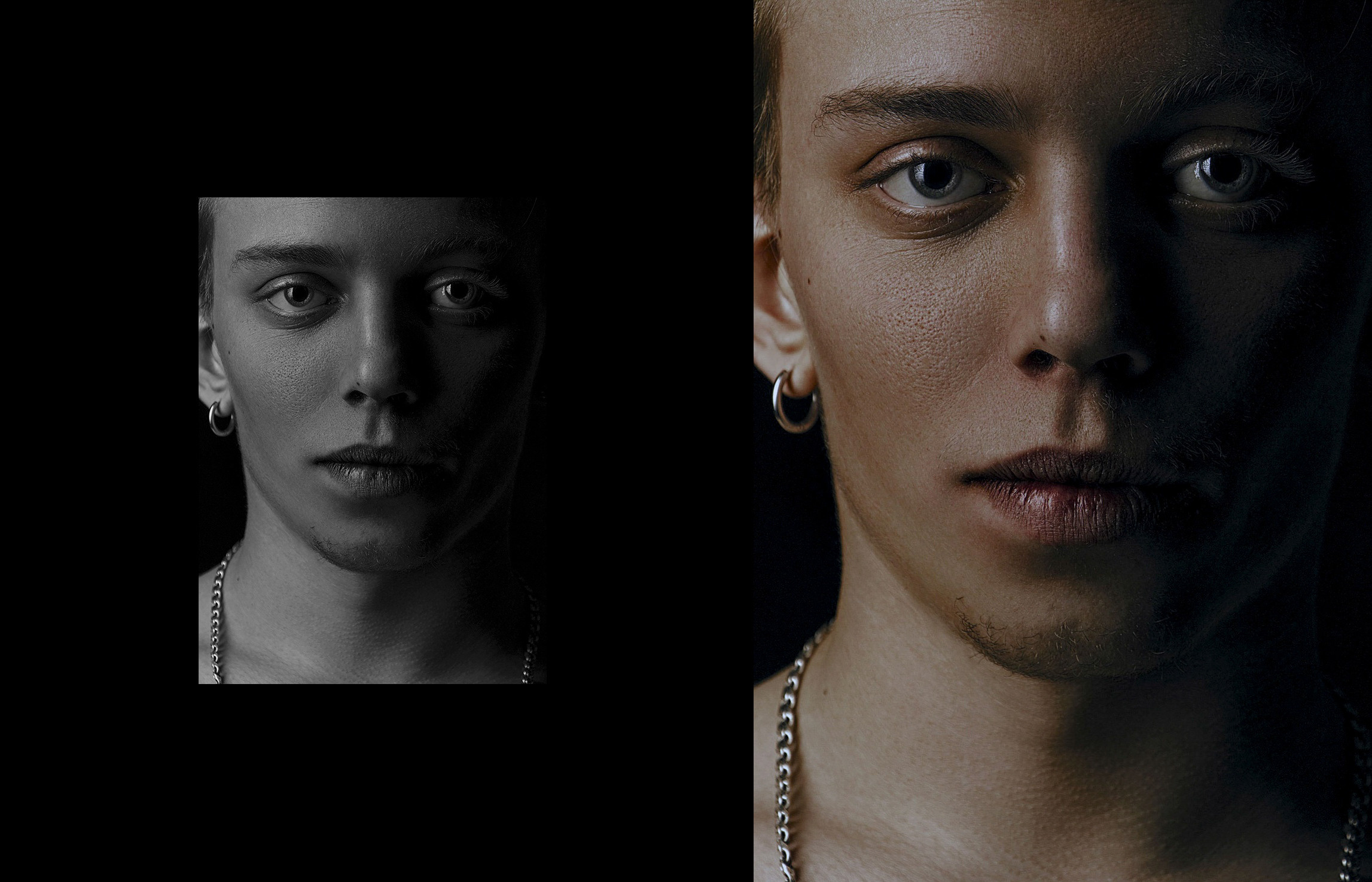 Крупный портрет парня с большими глазами и зрачками.