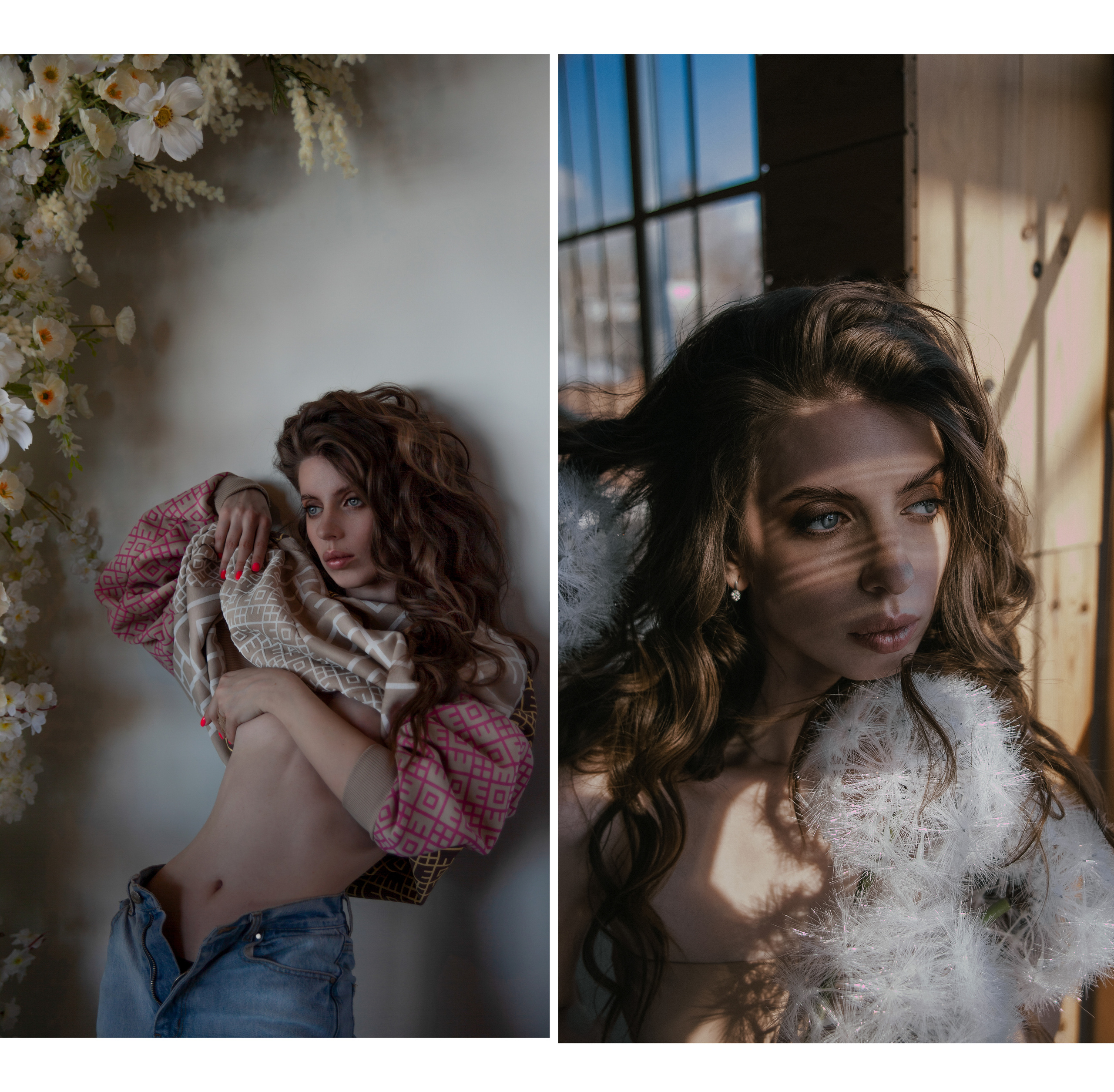 Девушка с большими одуванчиками на фоне цветов поднимает кофту.