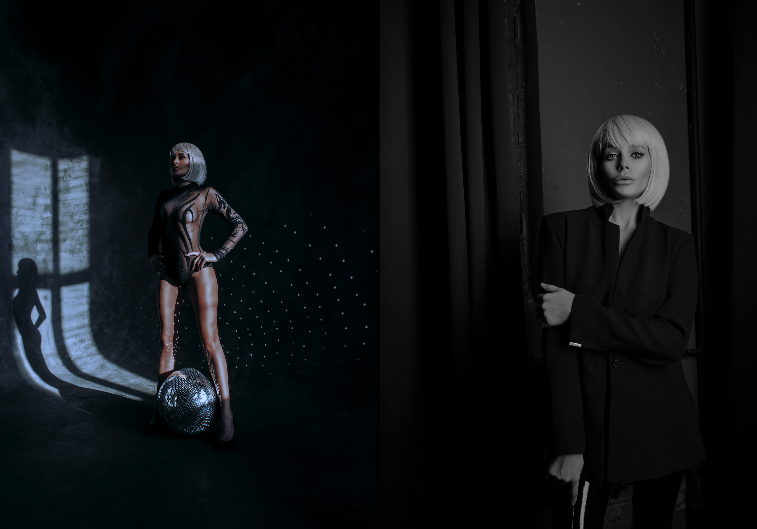 Девушка в белом парике, прозрачном боди и черном пиджаке стоит рядом с диско-шаром, блики от дискошара, солнечная сетка.