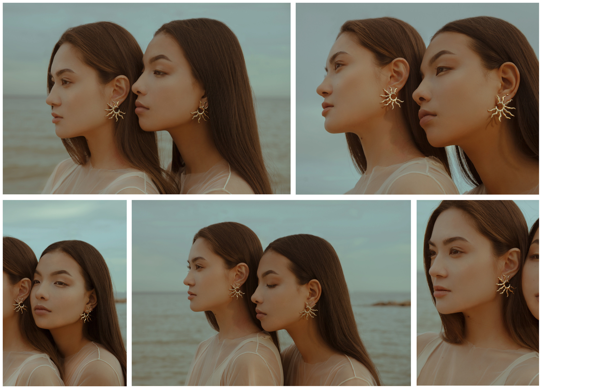 Портрет корейских девушек с крупными золотыми серёжками в форме солнца в ушах, в профиль, на фоне моря.