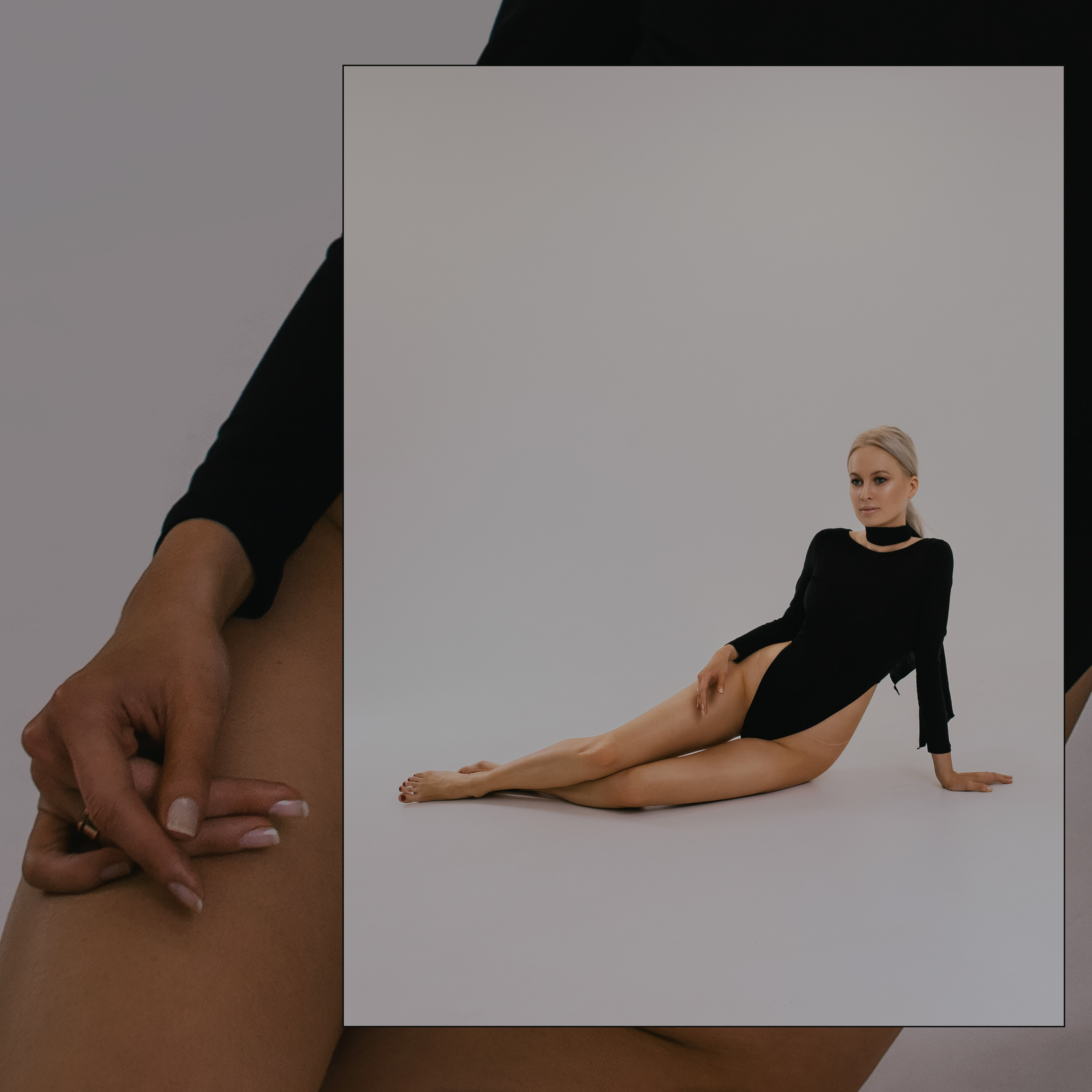 Студийная фотосессия в белой циклораме для длинноногой девушки в черном боди.