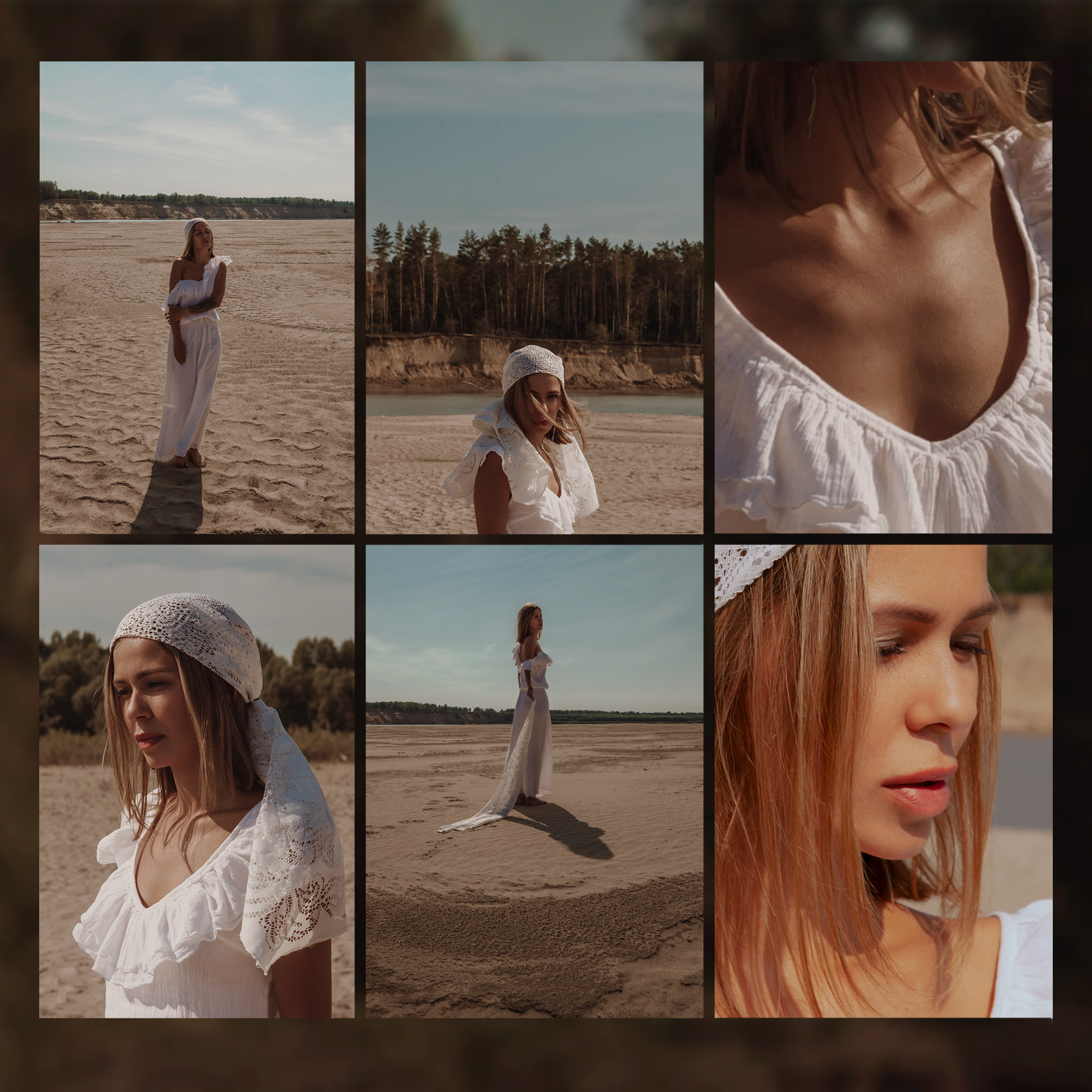 Загорелая девушка в белой одежде в песках в пустыне.