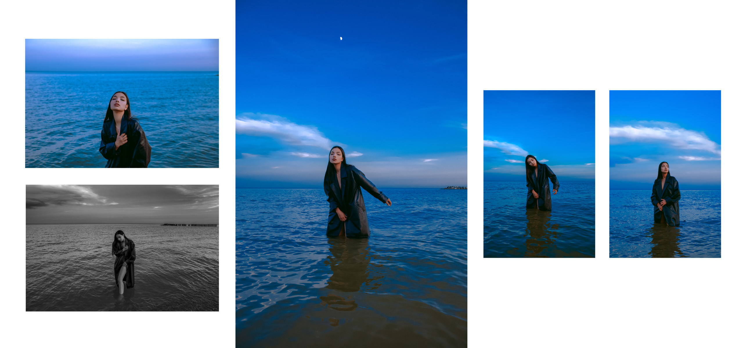 Кореянка с темными волосами в черном кожаном плаще стоит в море.