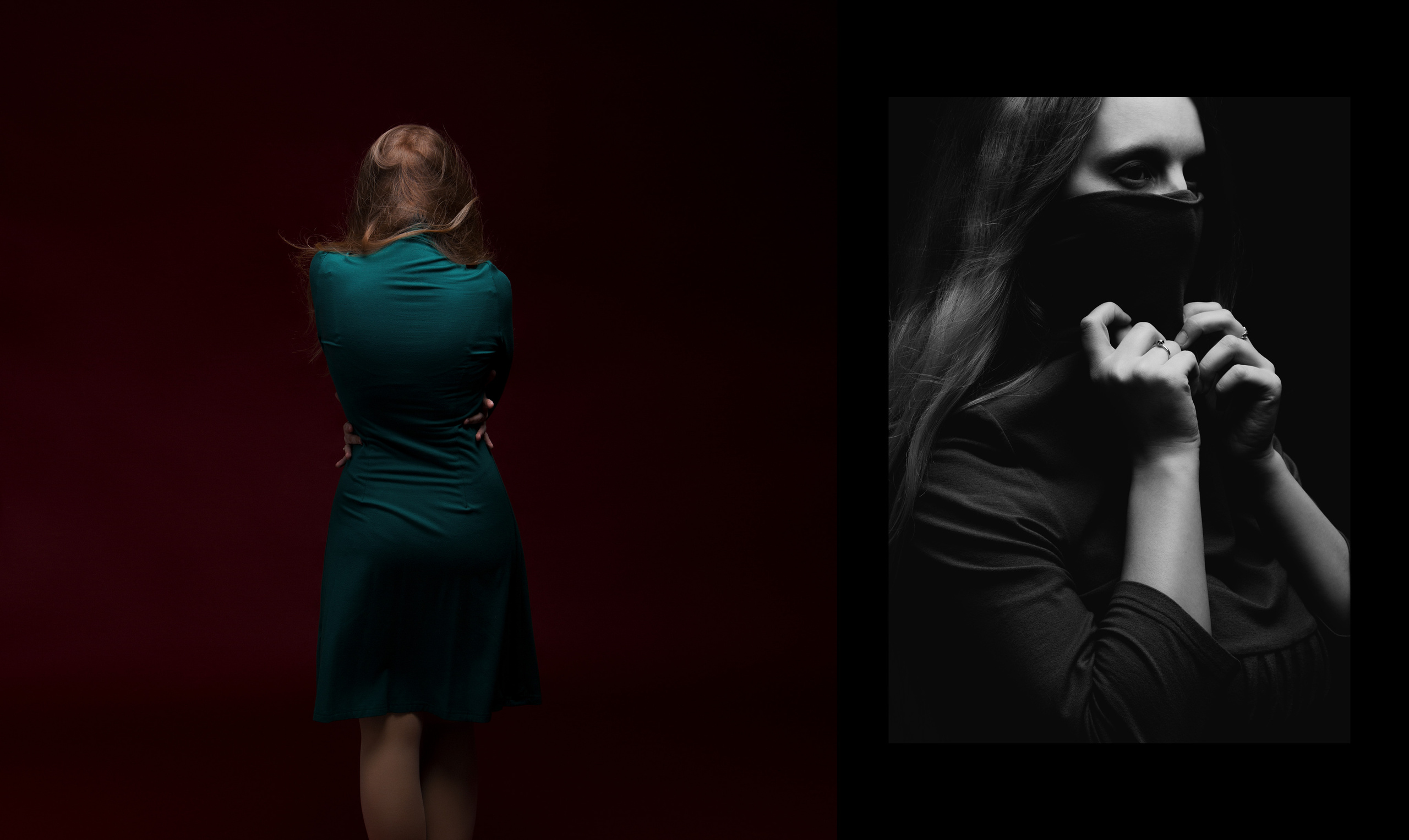 Девушка в зеленом платье стоит спиной, девушка в черной маске.