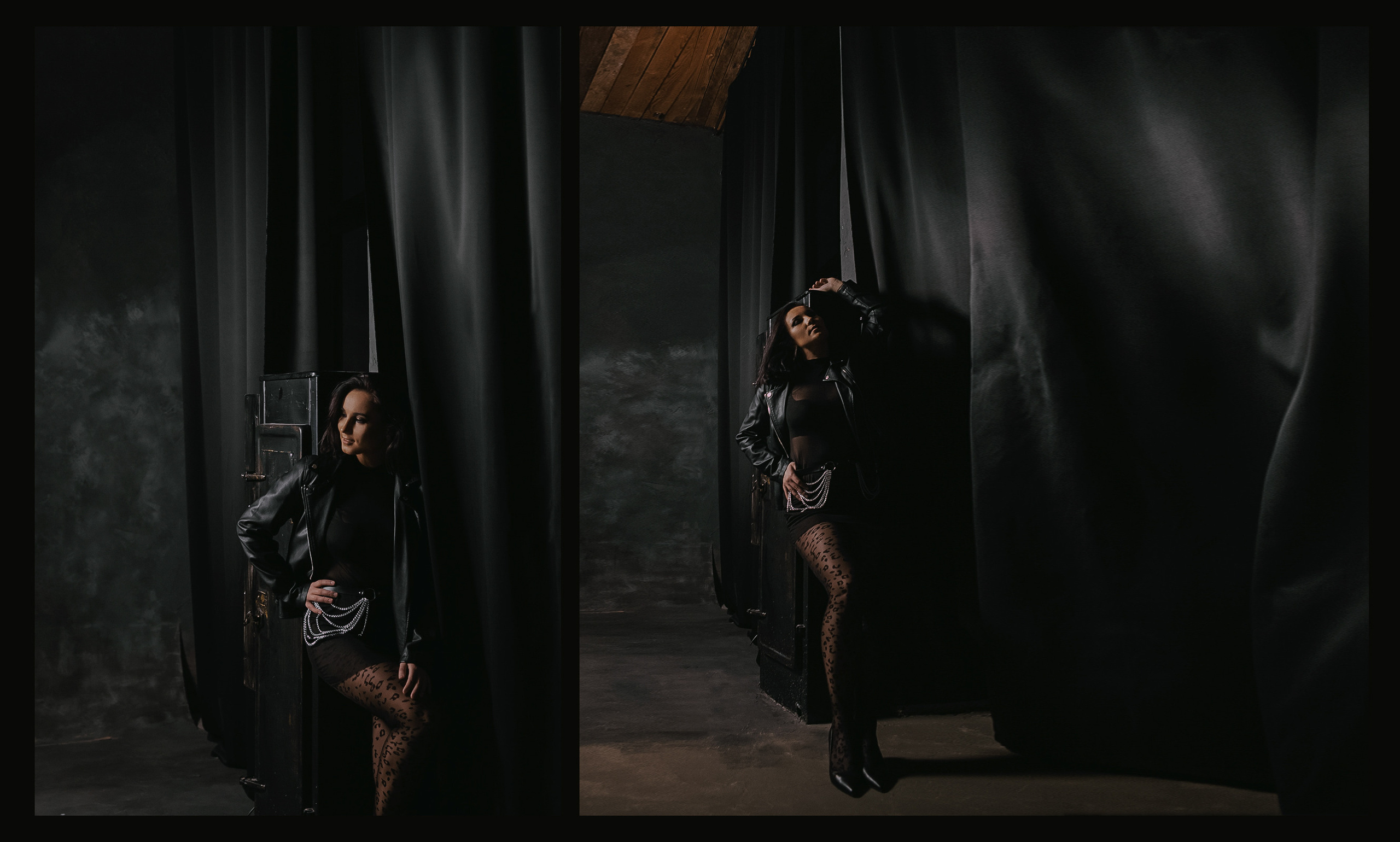 Девушка в короткой юбке и кожаной куртке на фоне большой длинной черной развевающейся шторы.