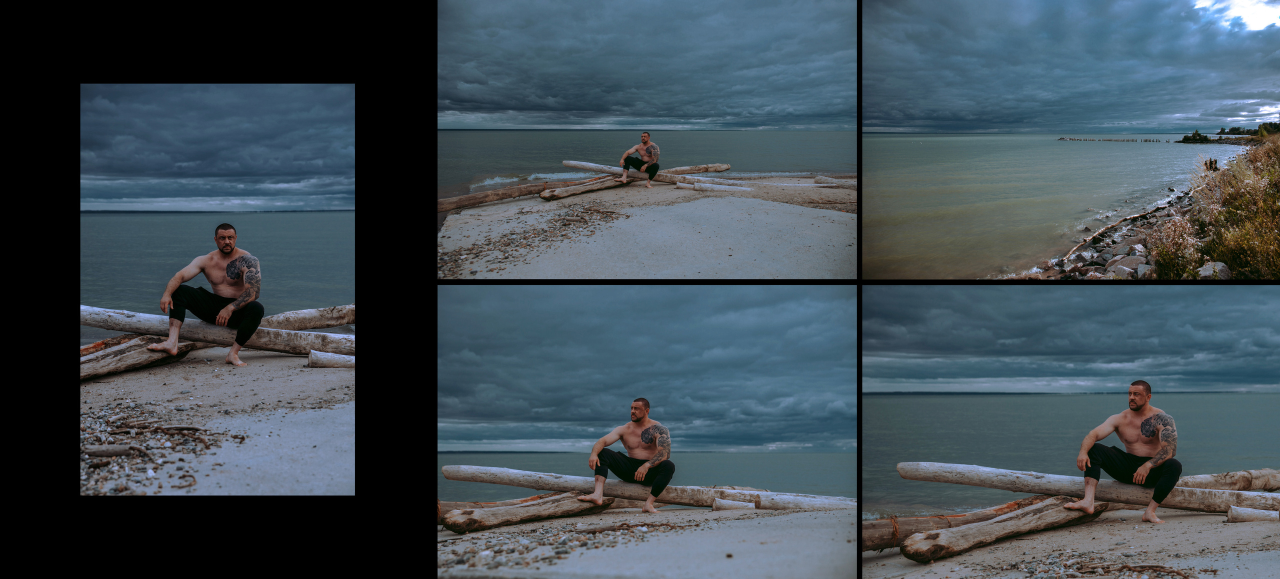 Спортивный мужчина с голым торсом сидит на берегу на бетонных плитах на фоне горизонта.