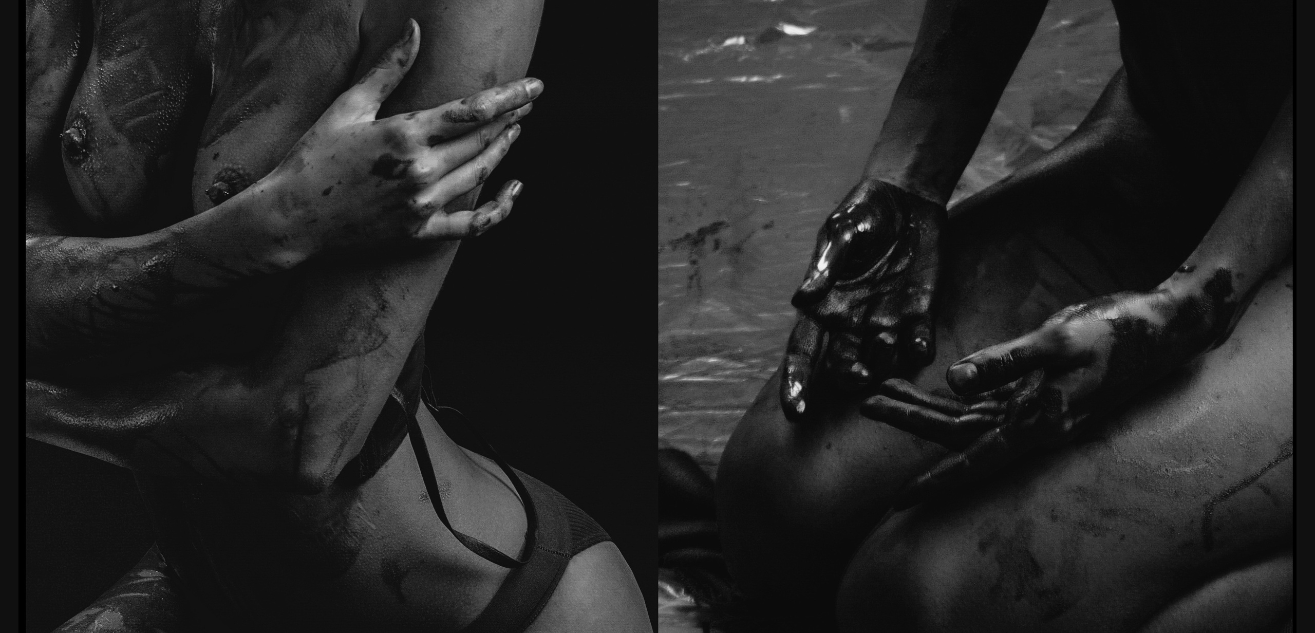 Ню-фотография девушки в краске, руки и грудь в краске.