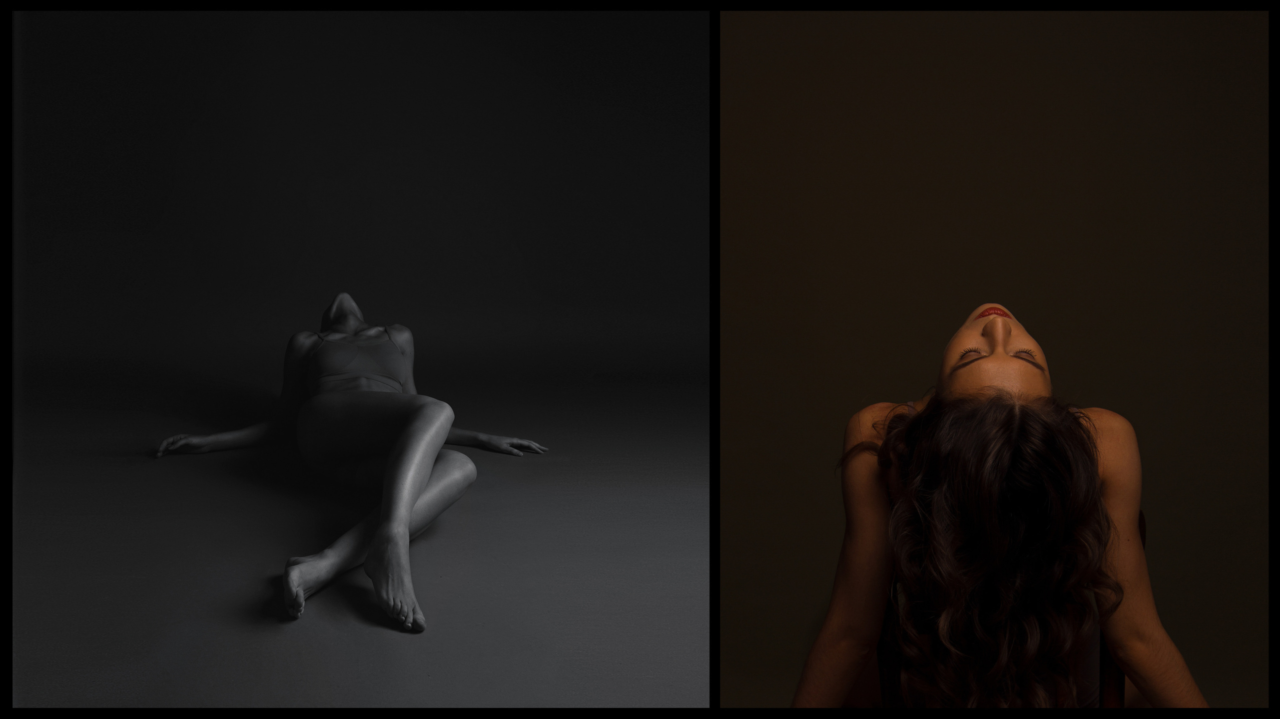 Девушка лежит на спине на полу, запрокинув голову.