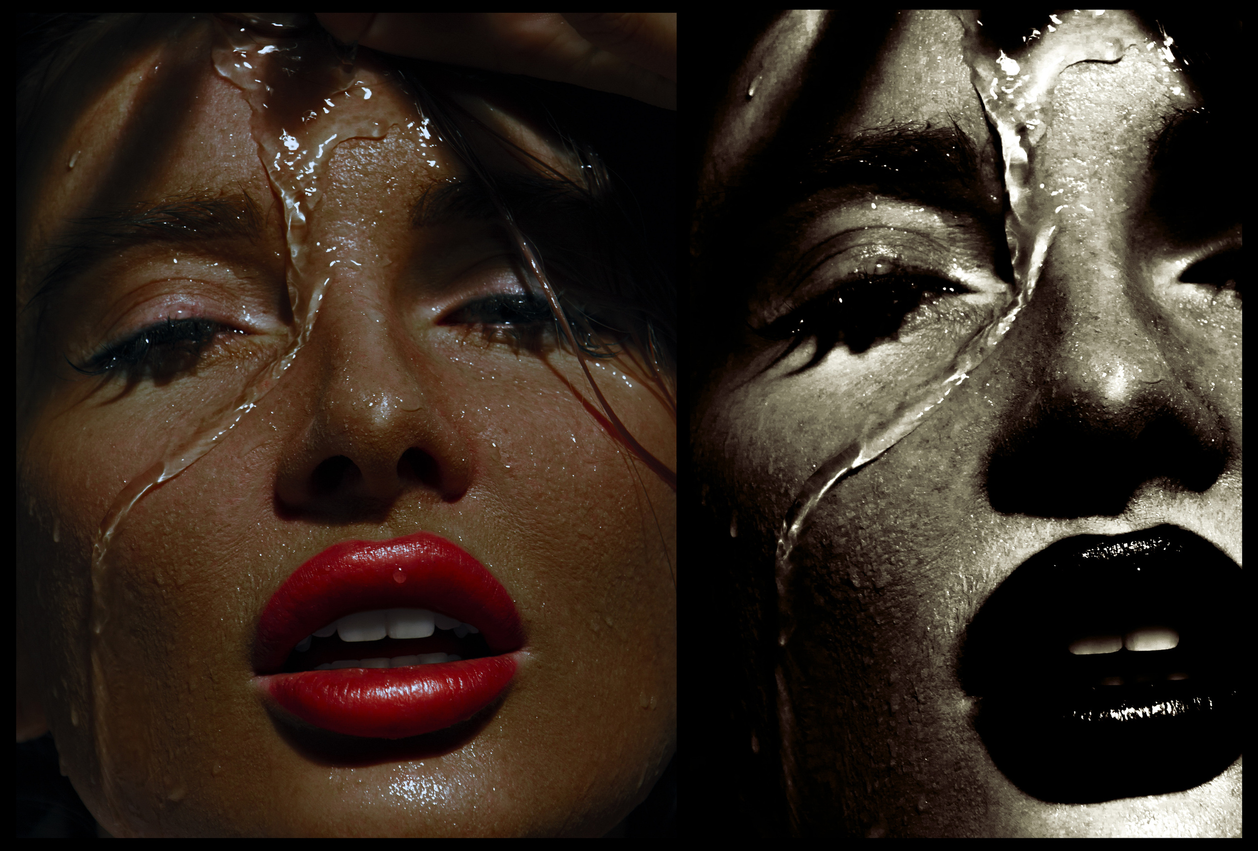 Вода стекает по лицу девушки с красной помадой на закате.