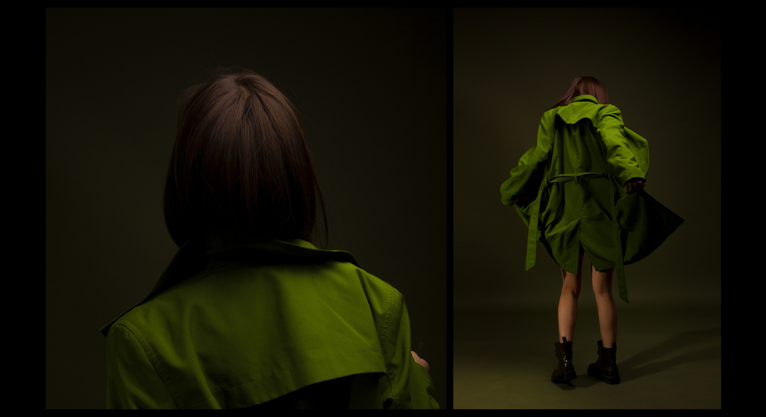 Девушка в зеленом плаще стоит спиной.