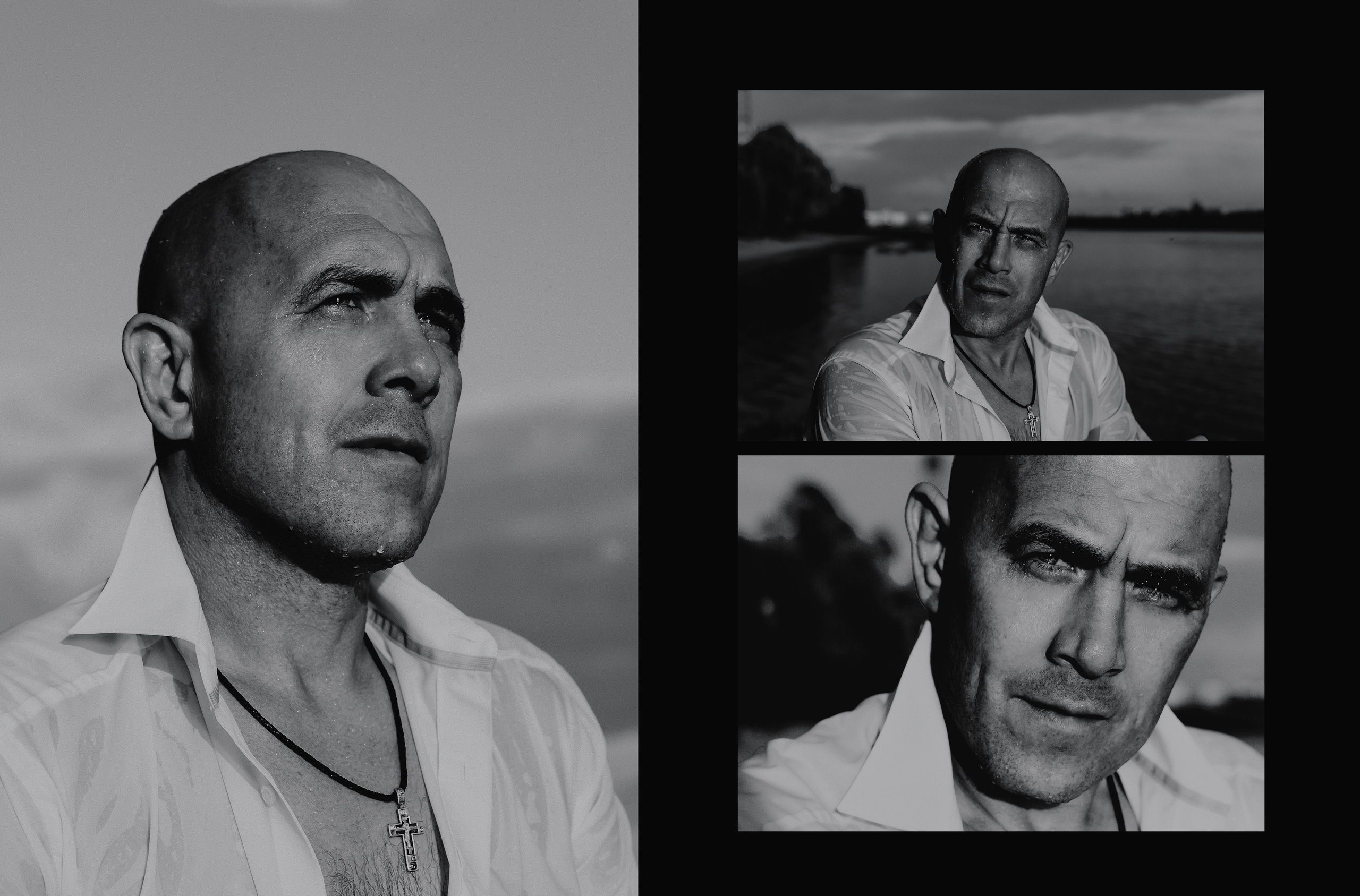 Лысый мужчина на фоне воды, уличная фотосессия.